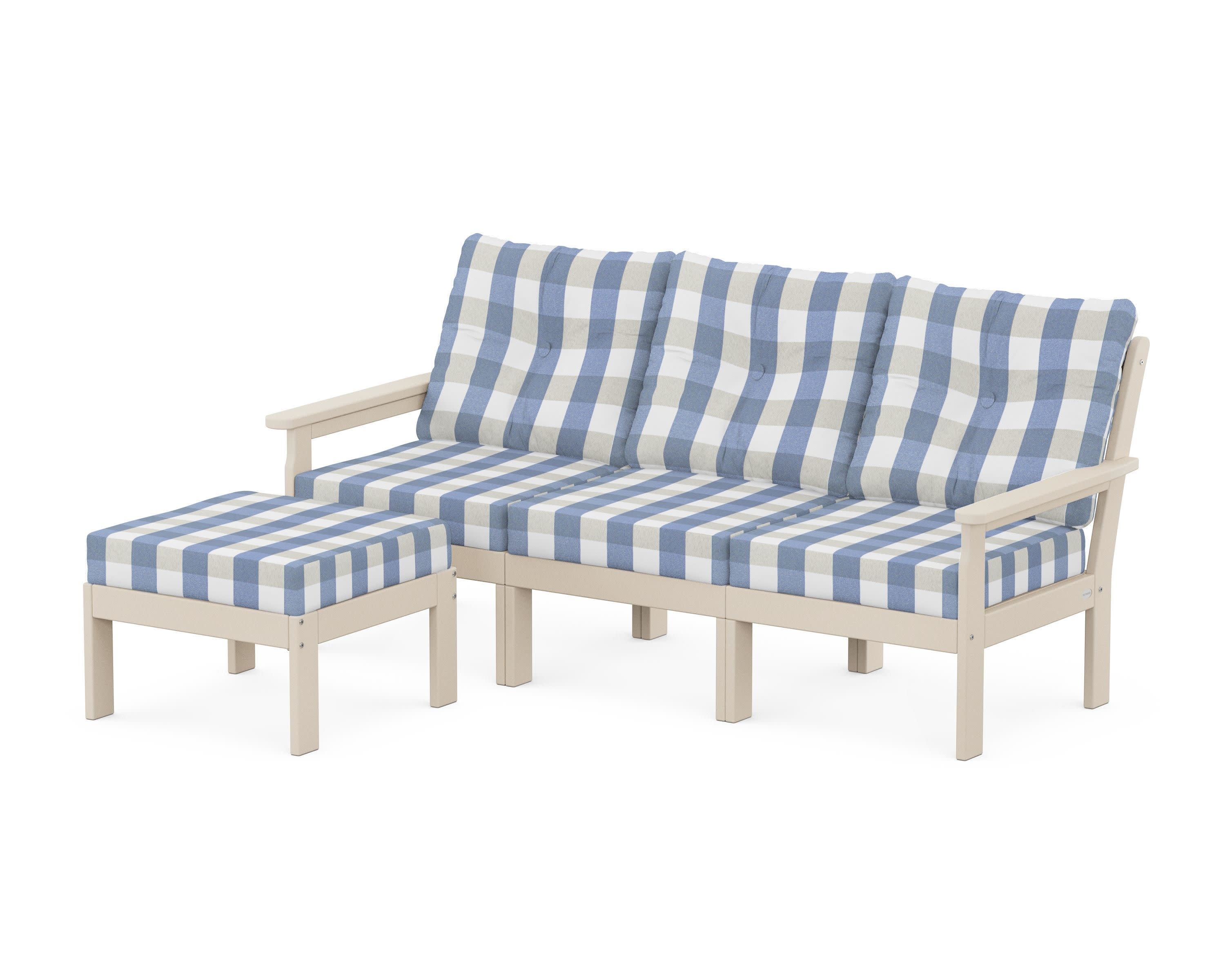 Vineyard 4-Piece Sectional with Ottoman in Sand / Buffalo Plaid Sky Blue