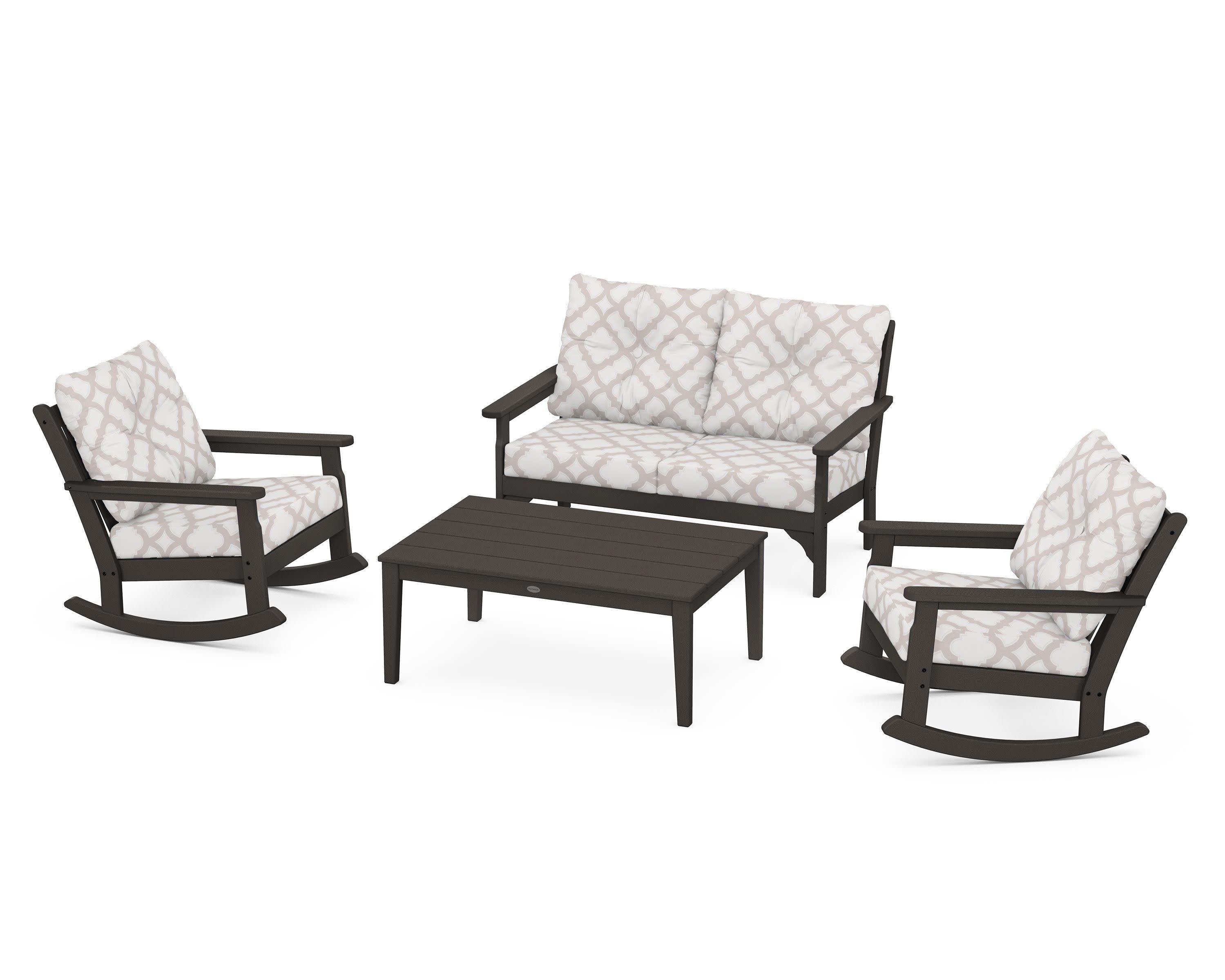 Vineyard 4-Piece Deep Seating Rocking Chair Set in Vintage Coffee / Trellis Dune Burlap