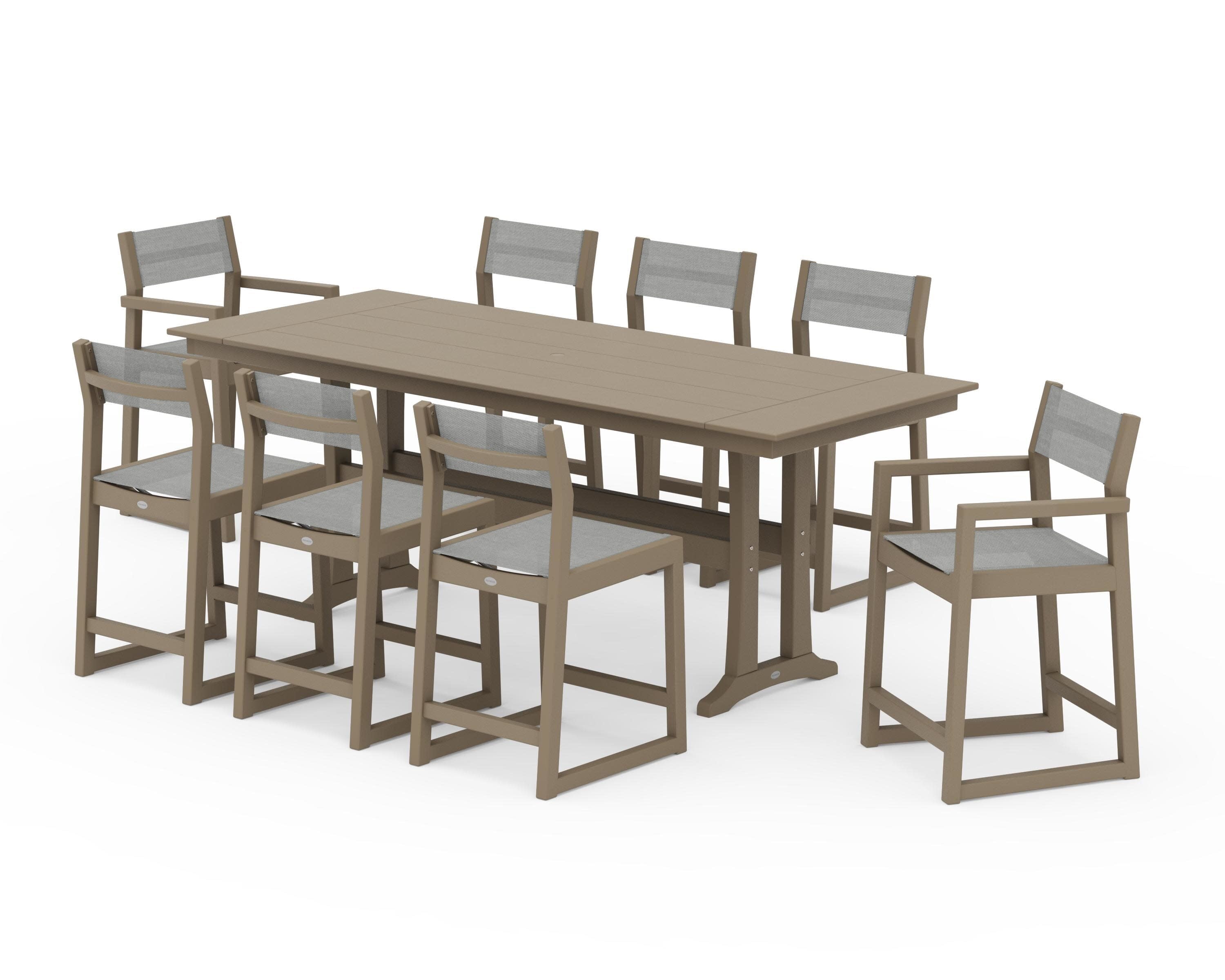 EDGE Sling 9-Piece Farmhouse Counter Set with Trestle Legs in Vintage Sahara / Metallic Sling