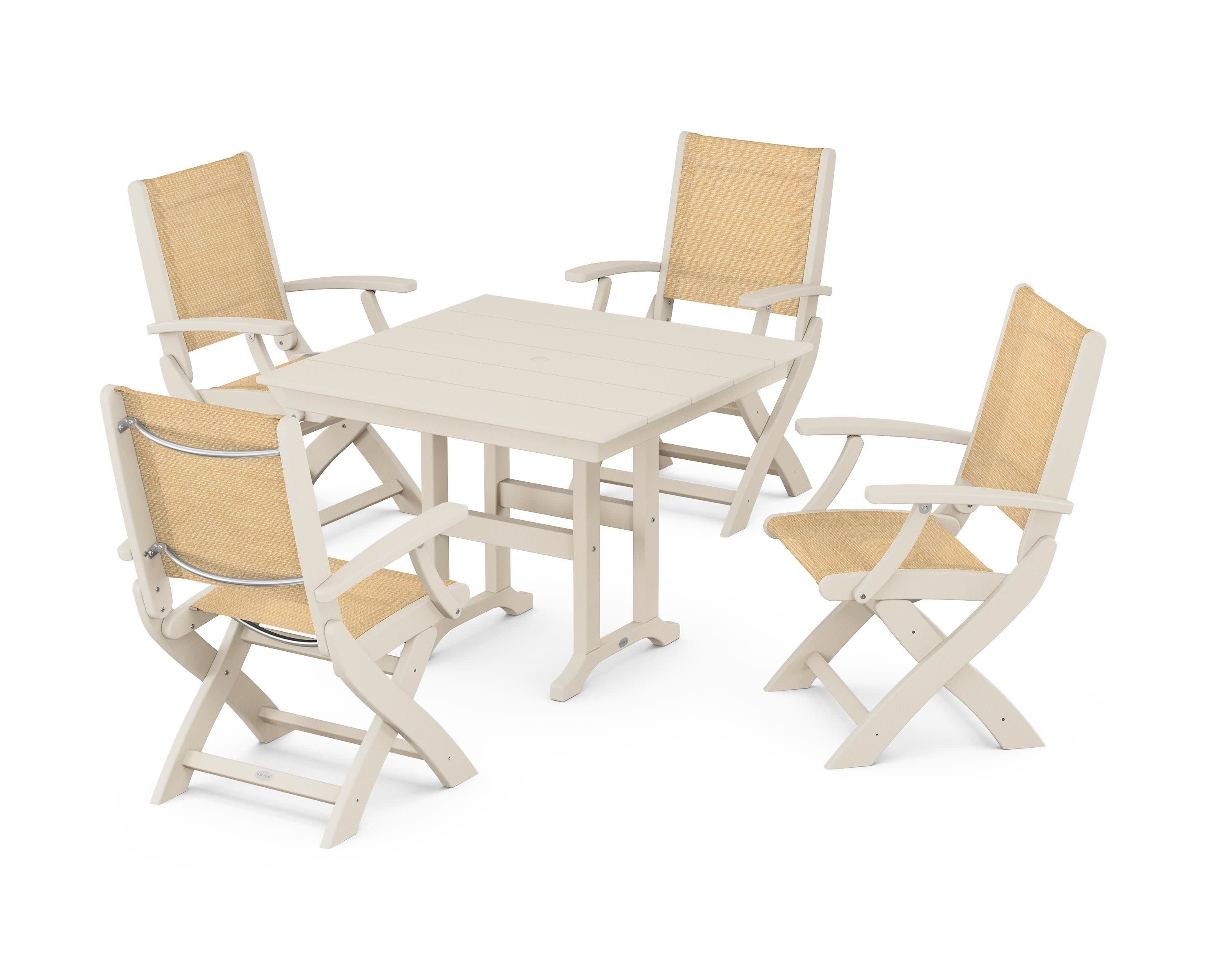 Coastal Folding Chair 5-Piece Farmhouse Dining Set in Sand / Dupioni Apricot Sling