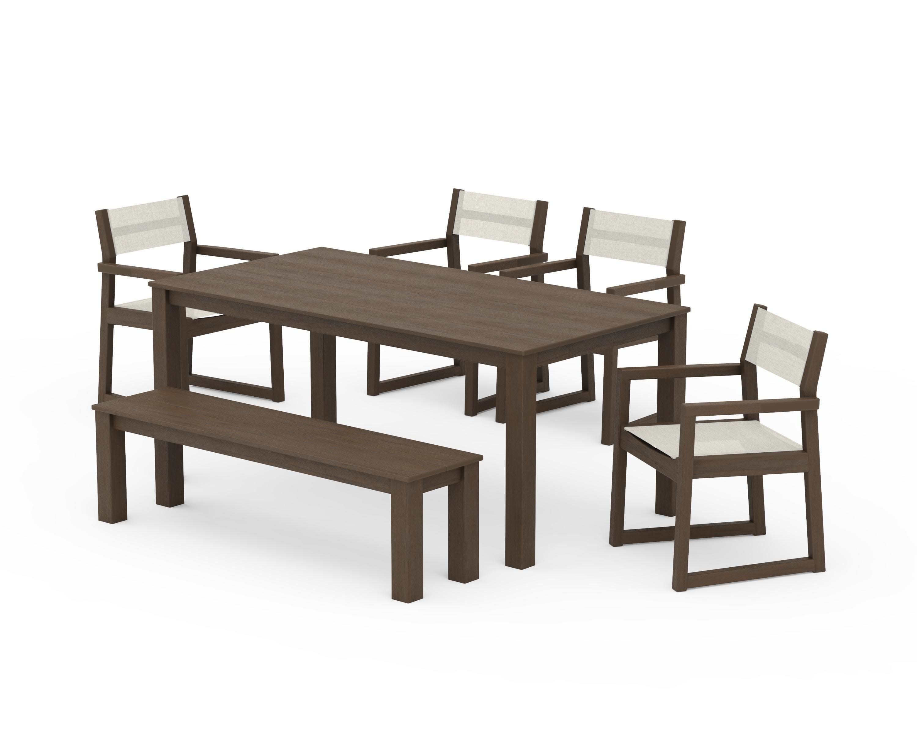 EDGE Sling Arm Chair 6-Piece Parsons Dining Set with Bench in Kona / Parchment Sling