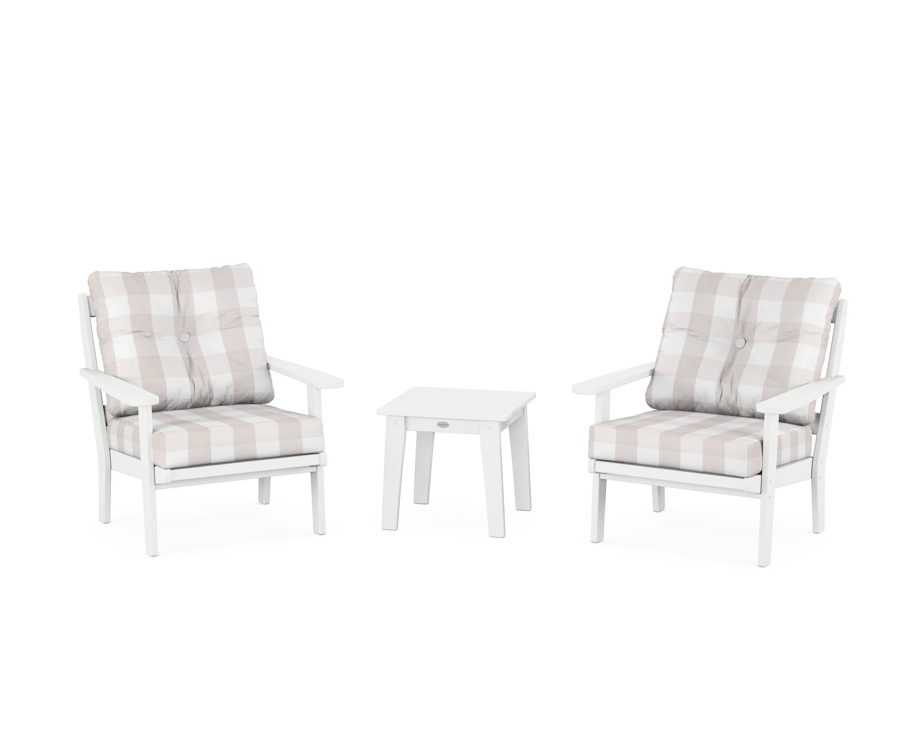 Mission 3-Piece Deep Seating Set in White / Buffalo Plaid Dune Burlap