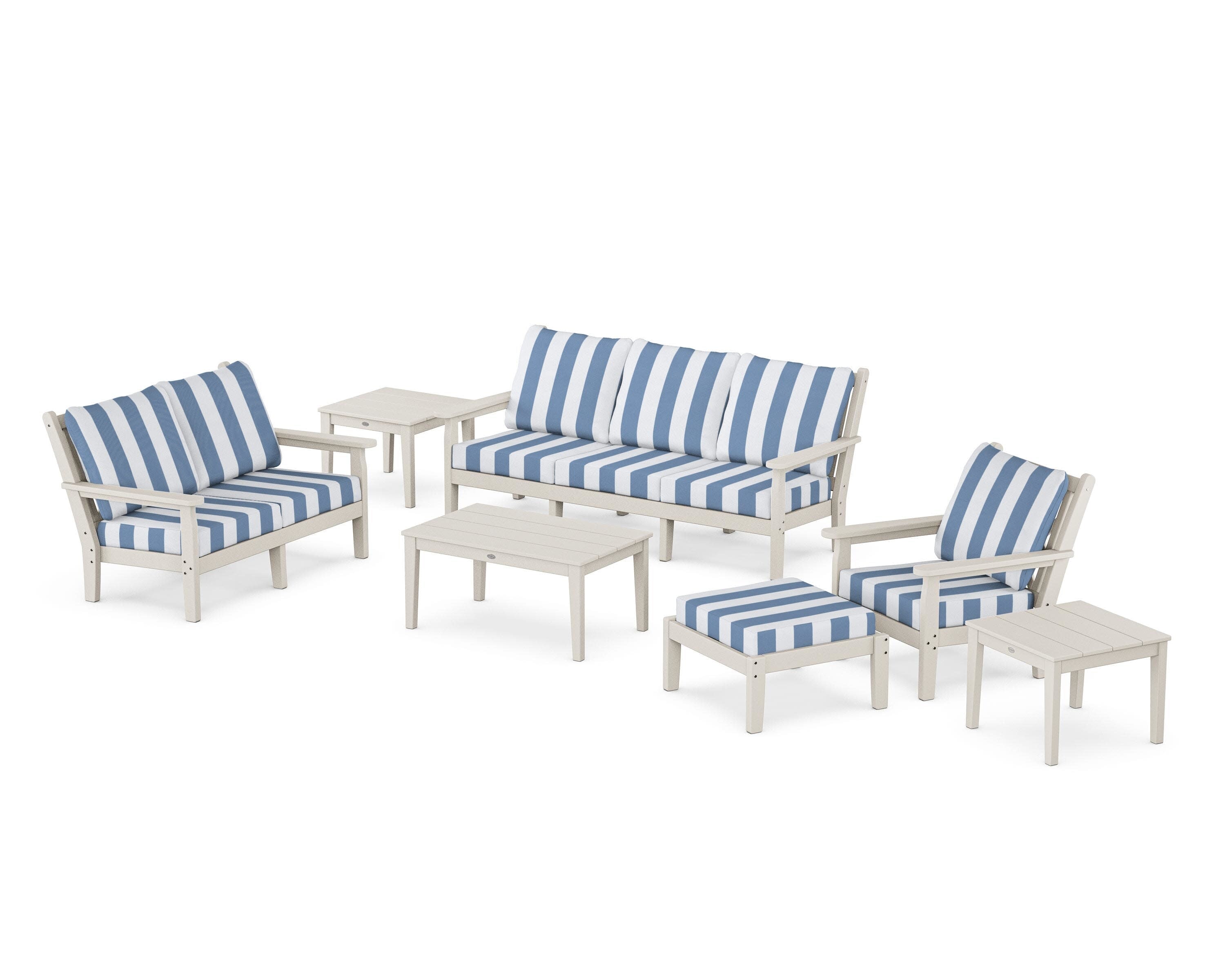 Chippendale 7-Piece Deep Seating Set in Sand / Cabana Stripe Sky Blue