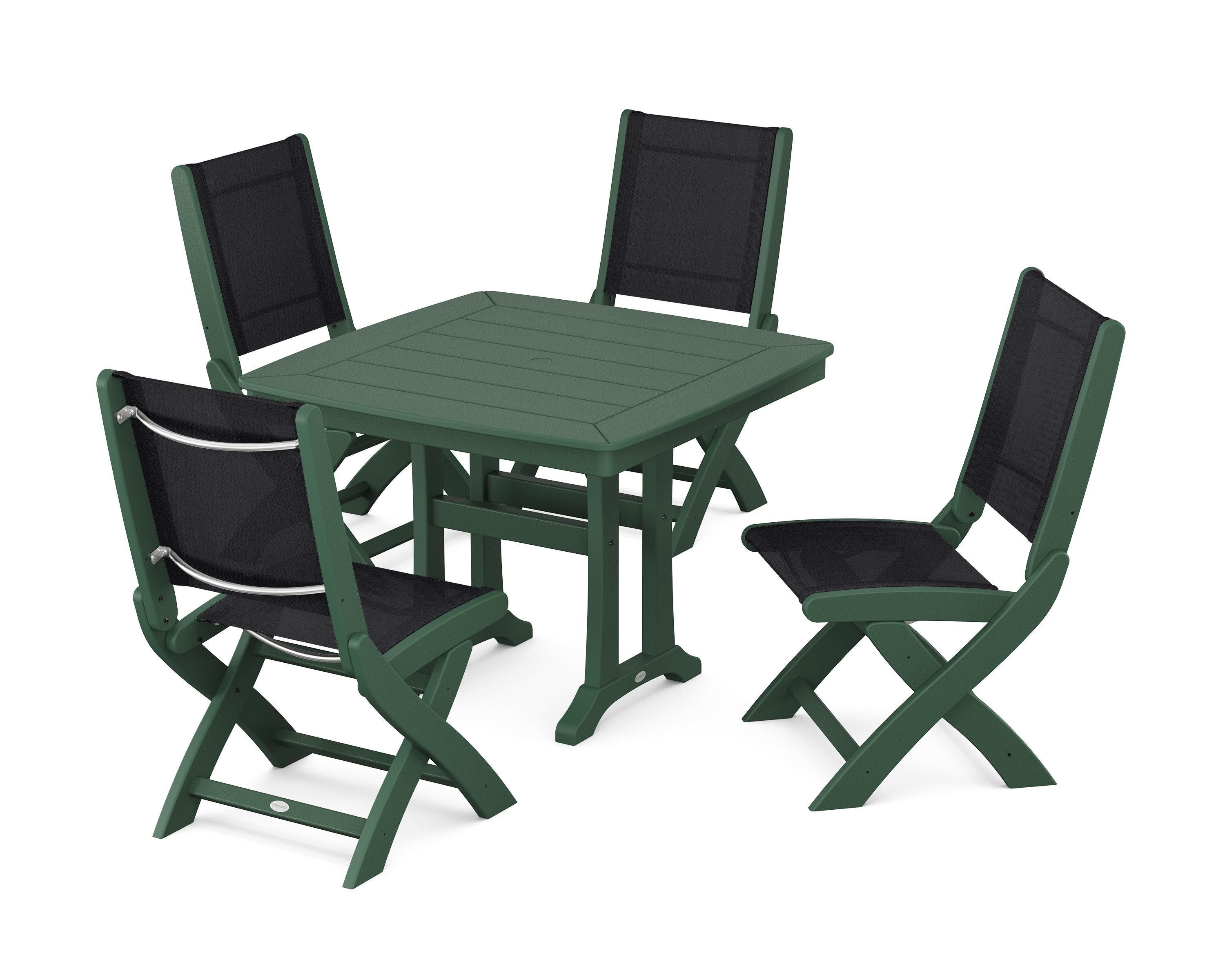 Coastal Folding Side Chair 5-Piece Dining Set with Trestle Legs in Green / Black Sling