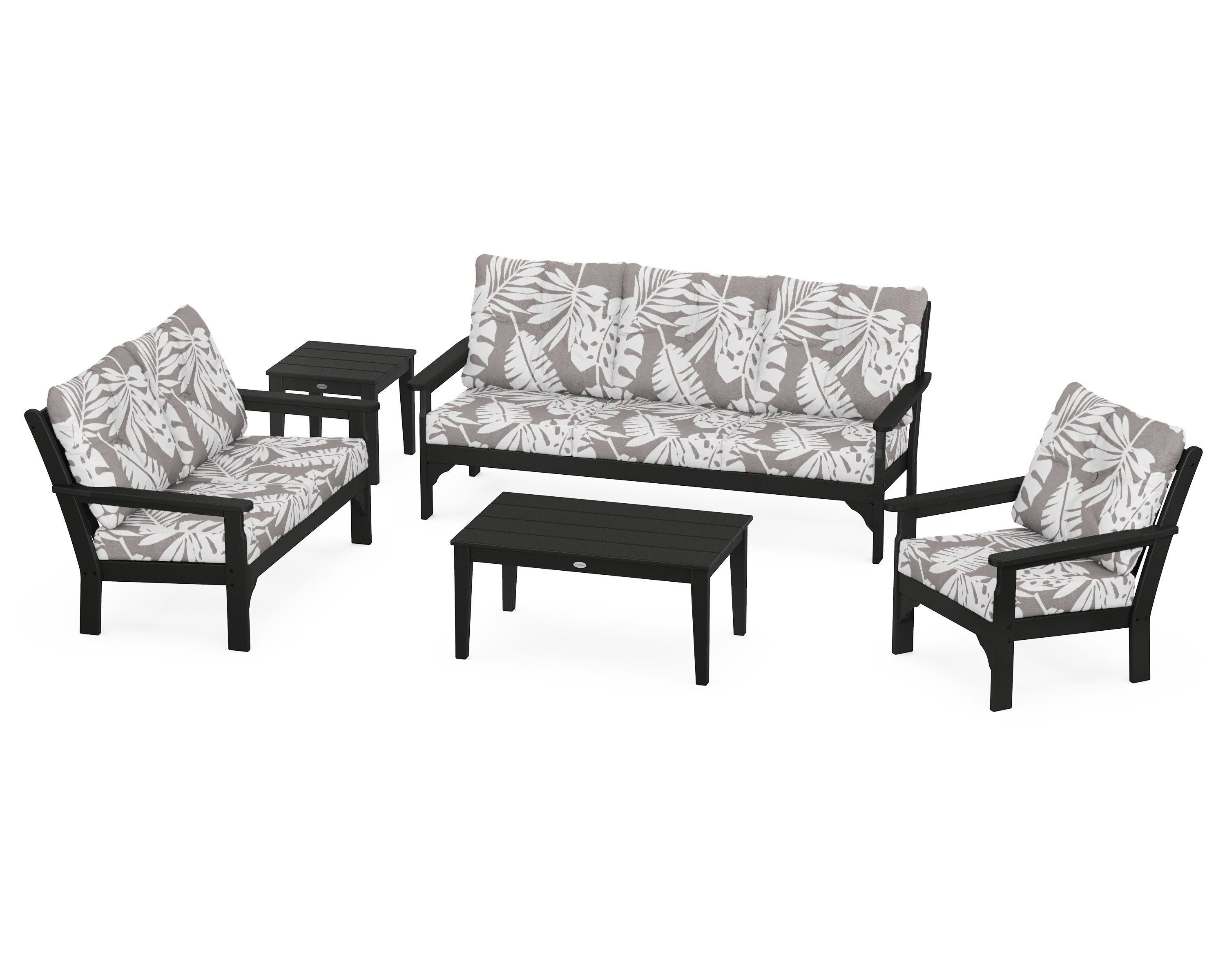 Vineyard 5 Piece Deep Seating Set in Black / Leaf Grey Mist