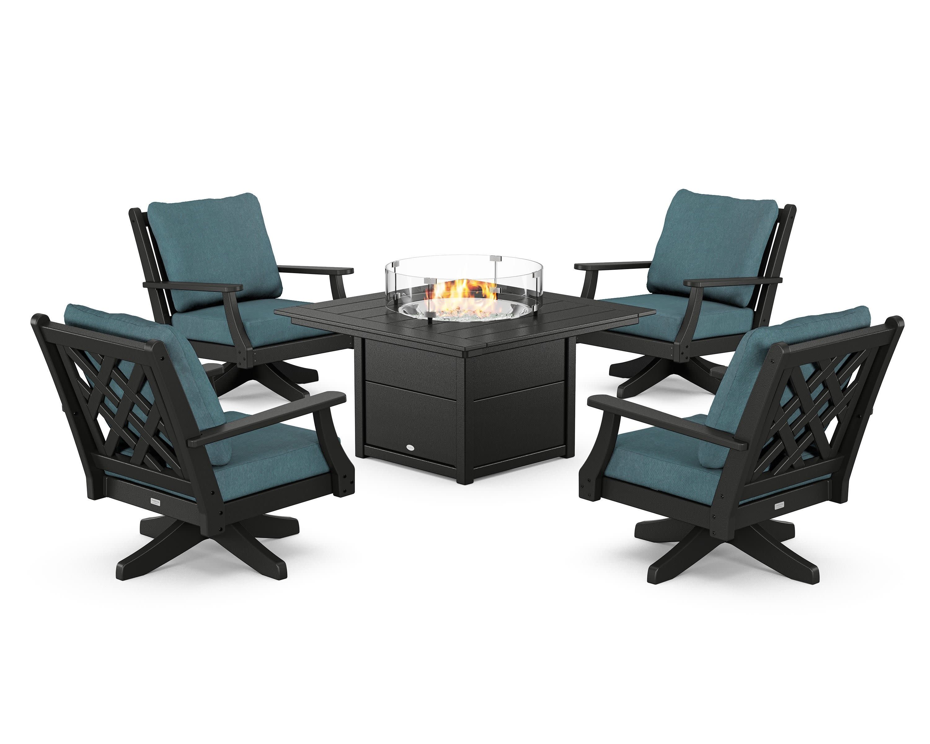 Wovendale 5-Piece Deep Seating Swivel Conversation Set with Fire Pit Table in Black / Ocean Teal