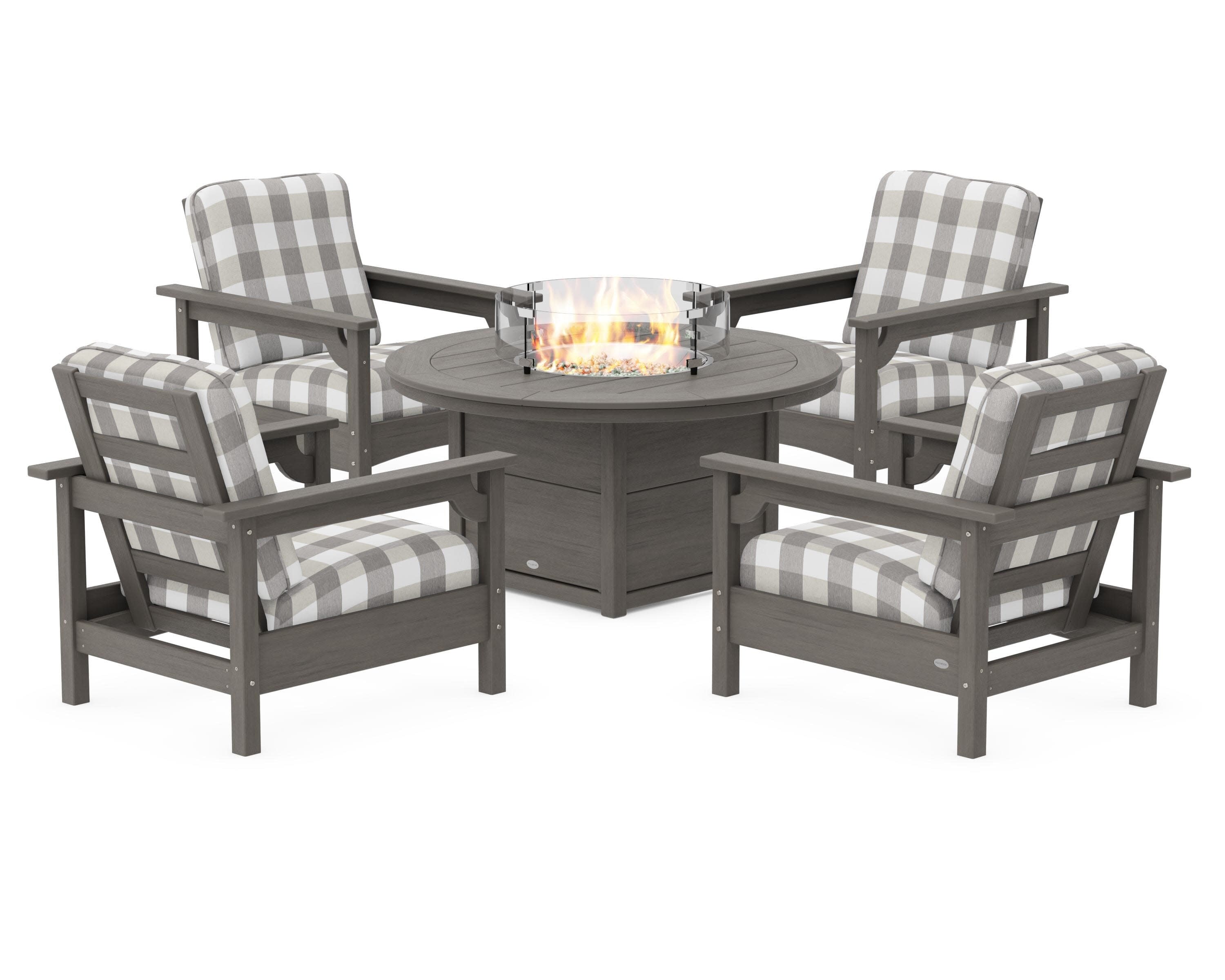 Club 5-Piece Conversation Set with Fire Pit Table in Driftwood / Buffalo Plaid Grey Mist