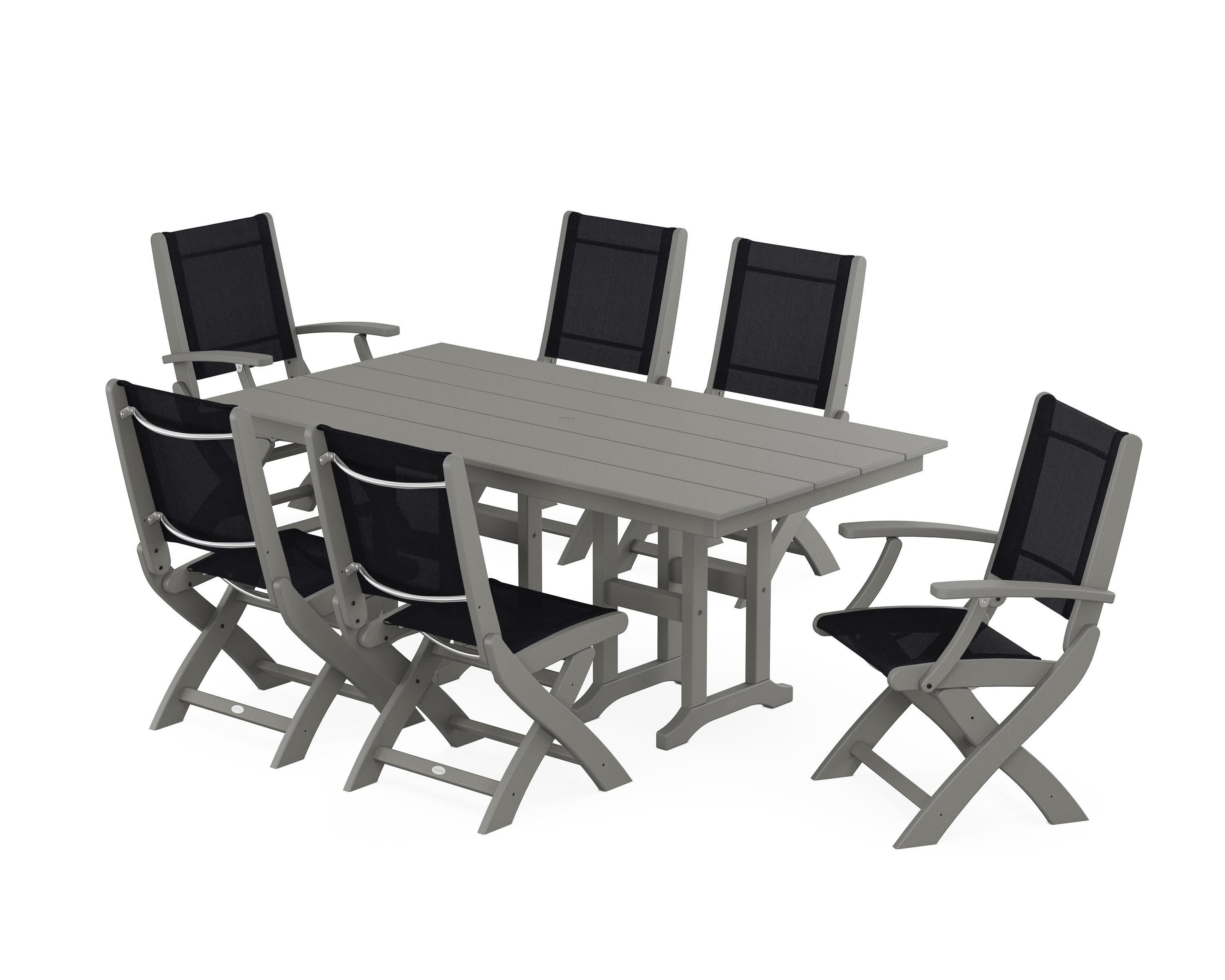 Coastal Folding Chair 7-Piece Farmhouse Dining Set in Slate Grey / Black Sling