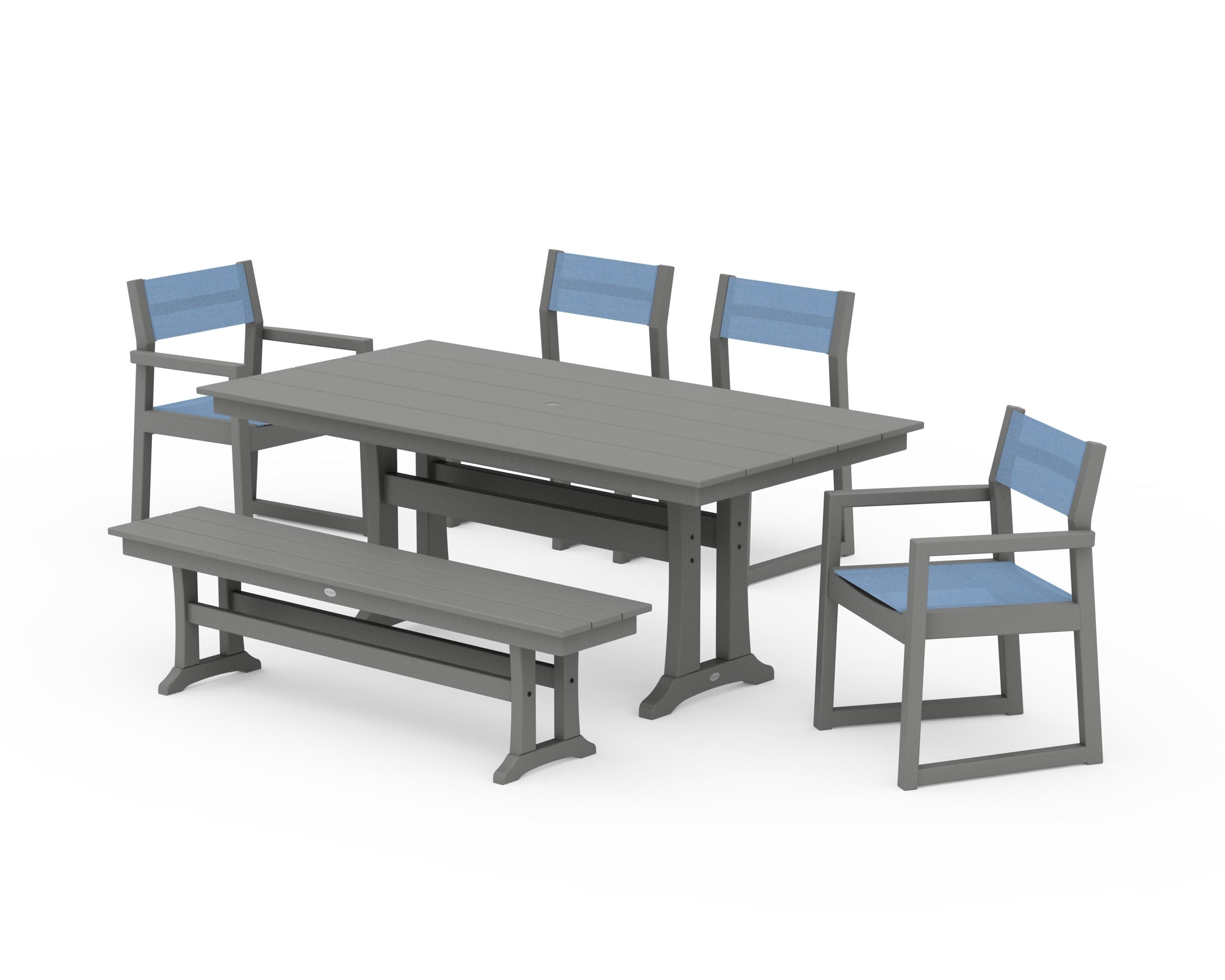 EDGE Sling 6-Piece Farmhouse Dining Set With Trestle Legs in Slate Grey / Poolside Sling