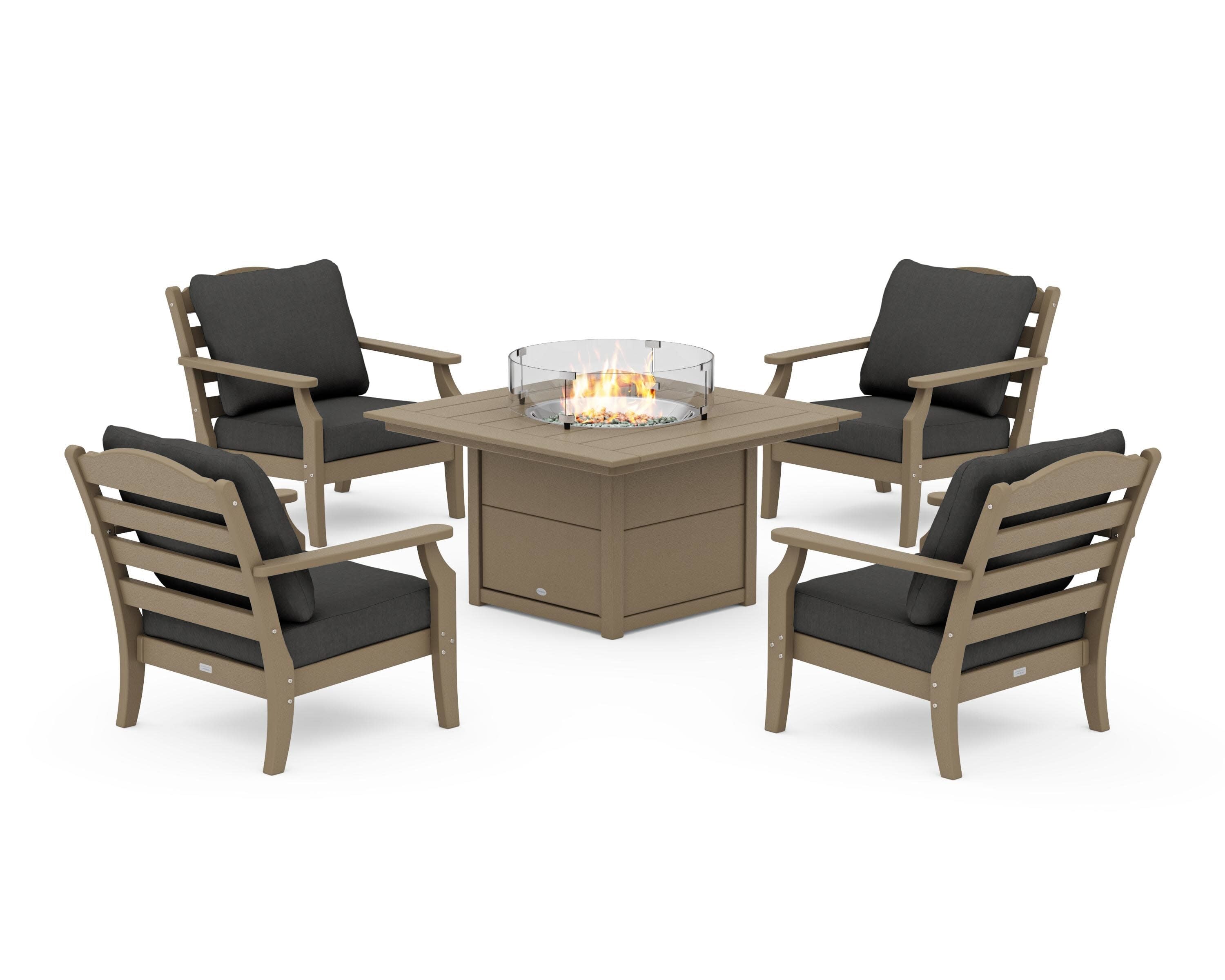 Savannah 5-Piece Deep Seating Set with Fire Pit Table in Vintage Sahara / Spectrum Carbon