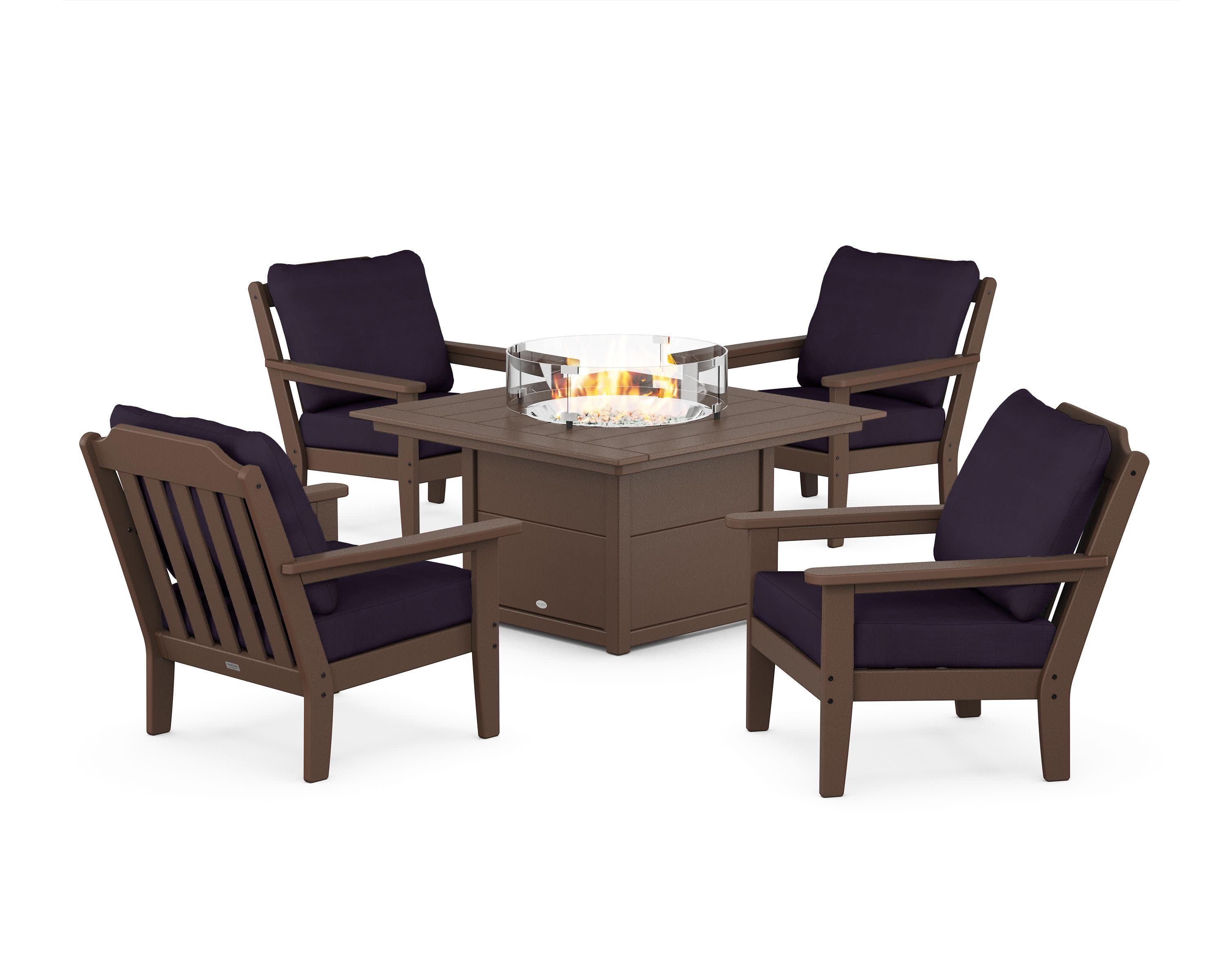 Cottage 5-Piece Deep Seating Set with Fire Pit Table in Mahogany / Navy Linen