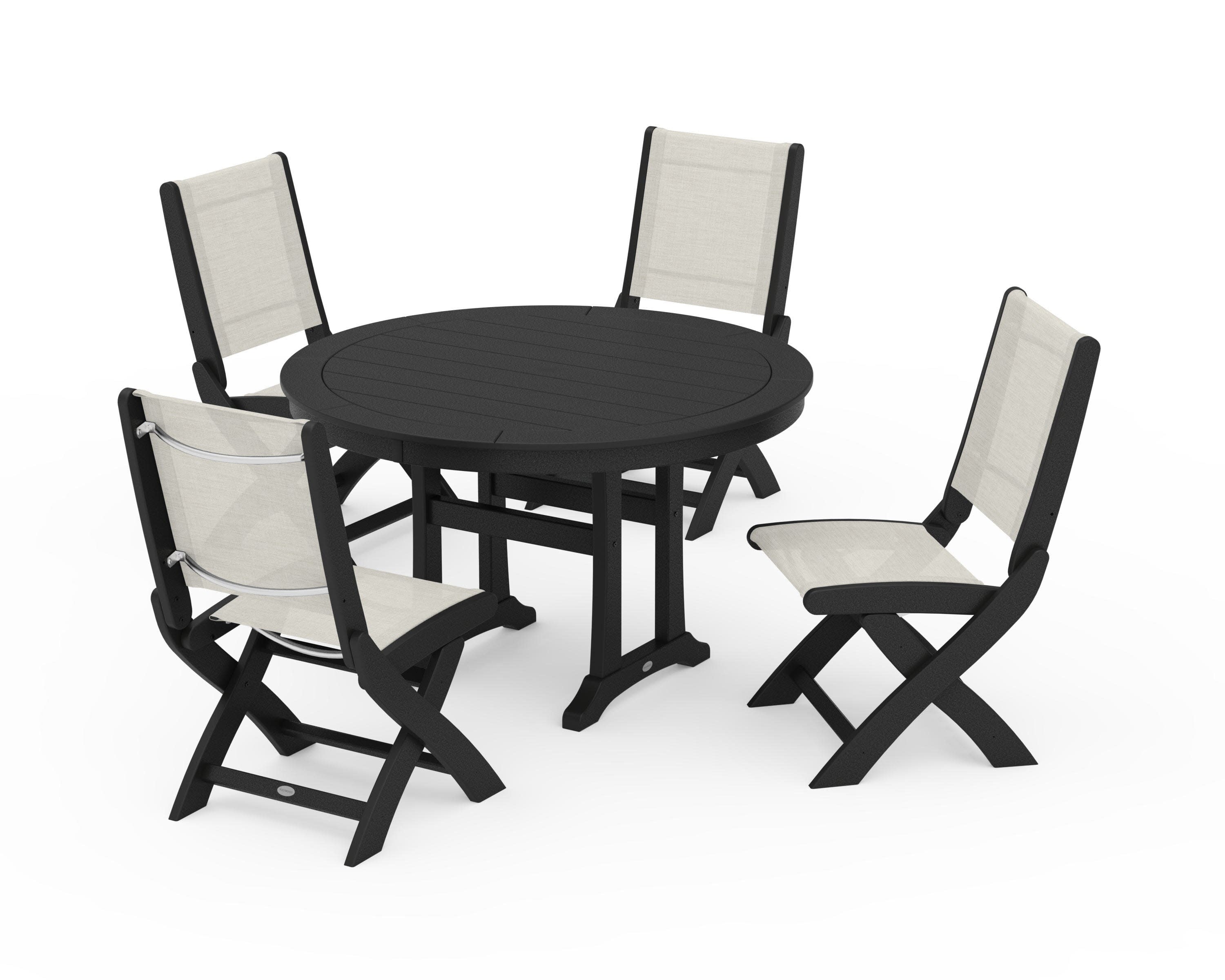 Coastal Folding Side Chair 5-Piece Round Dining Set With Trestle Legs in Black / Parchment Sling