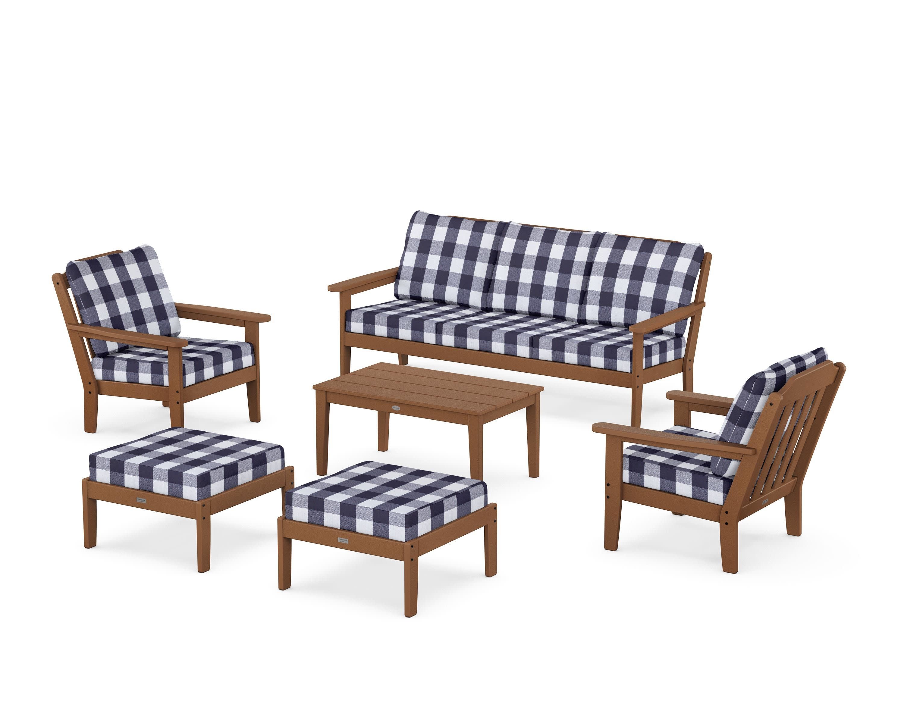 Cottage 6-Piece Lounge Sofa Set in Teak / Buffalo Plaid Navy