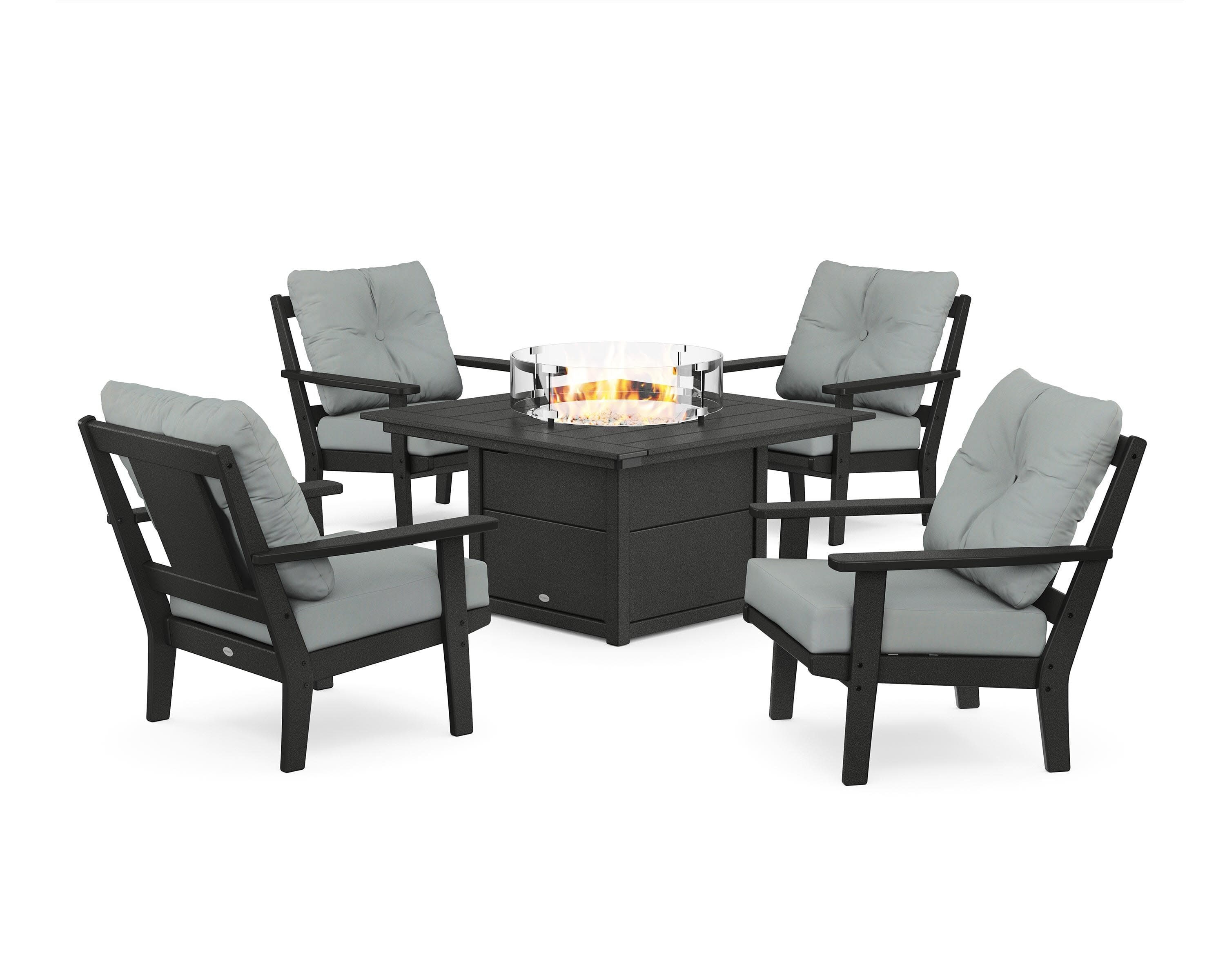 Prairie 5-Piece Deep Seating Set with Fire Pit Table in Black / Spa