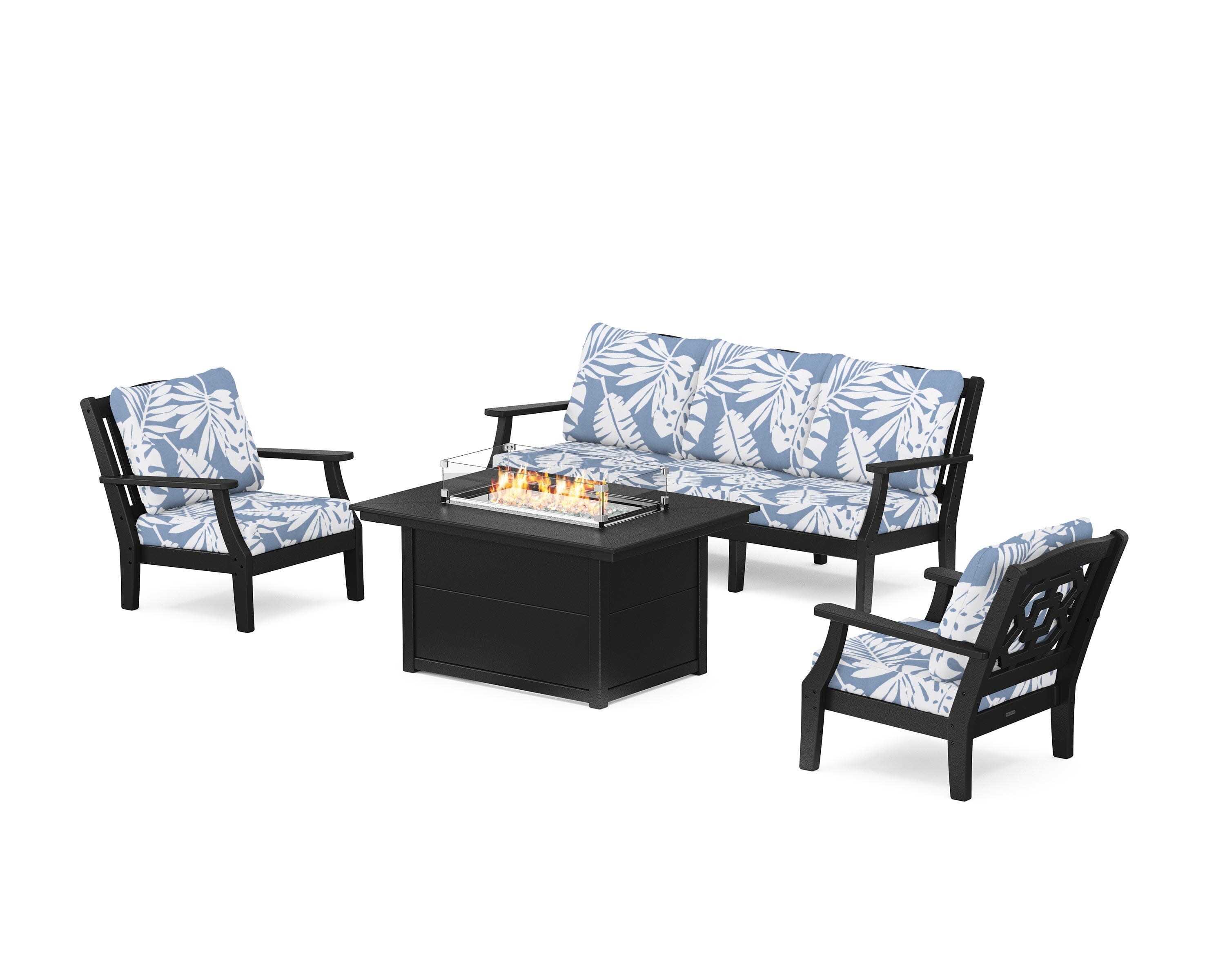 Chinoiserie Deep Seating Fire Pit Table Set in Black / Leaf Sky Blue