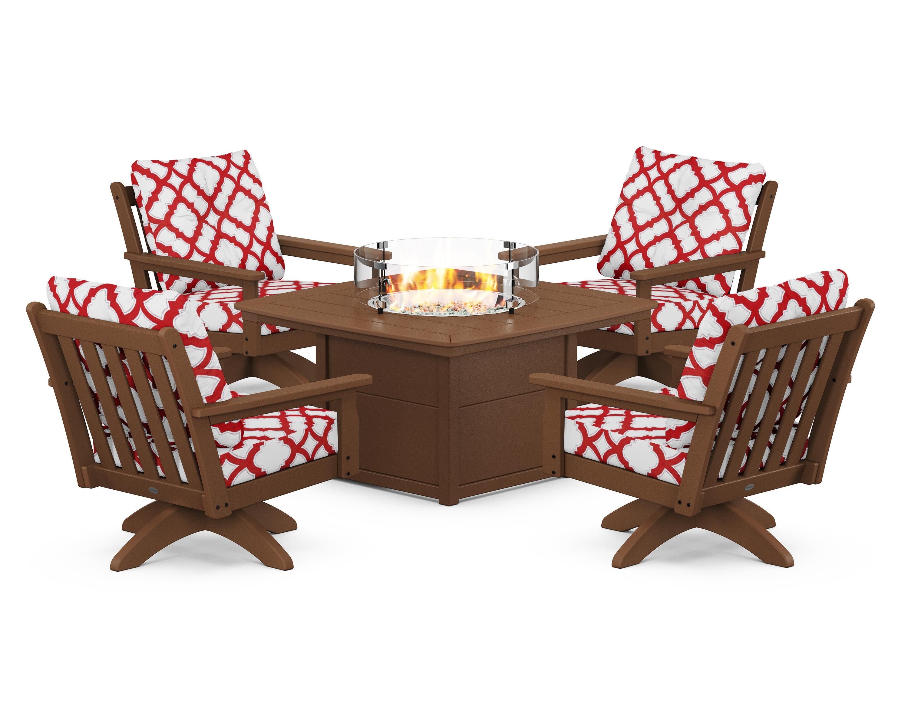Vineyard 5-Piece Deep Seating Swivel Conversation Set with Fire Pit Table in Teak / Trellis Crimson