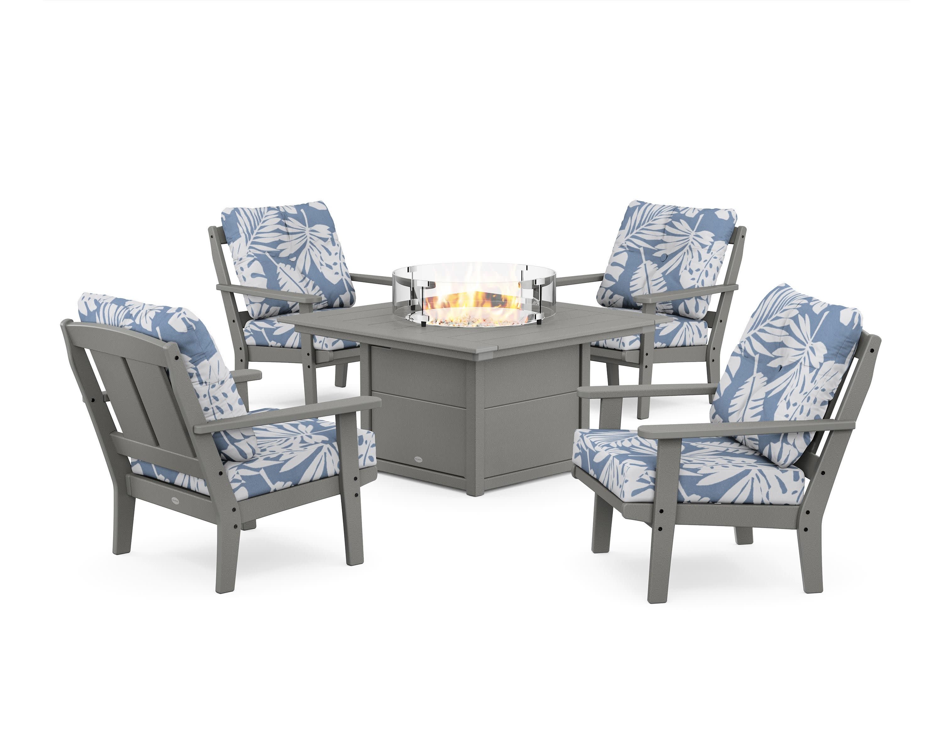 Mission 5-Piece Deep Seating Set with Fire Pit Table in Slate Grey / Leaf Sky Blue