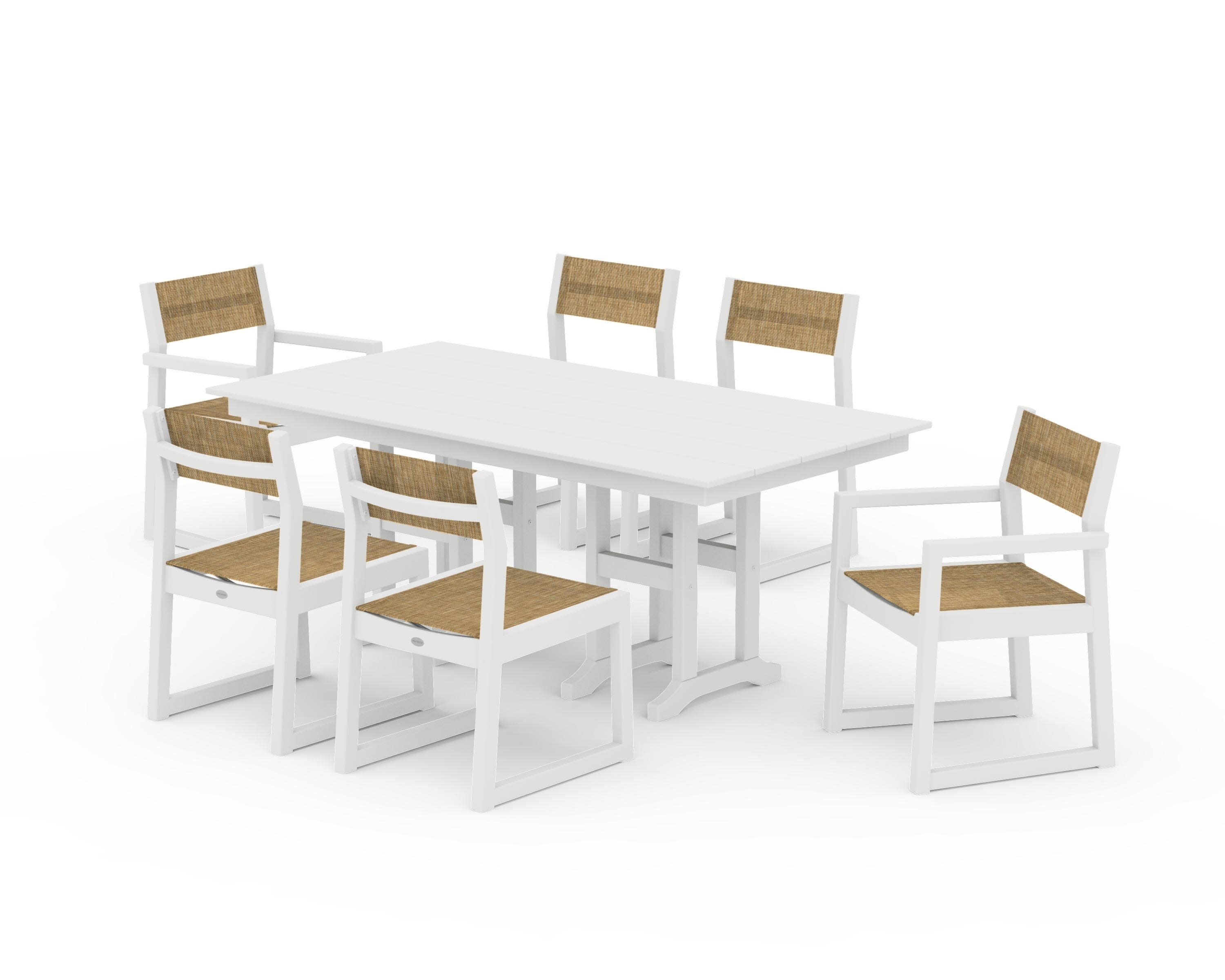 EDGE Sling 7-Piece Farmhouse Dining Set in White / Burlap Sling