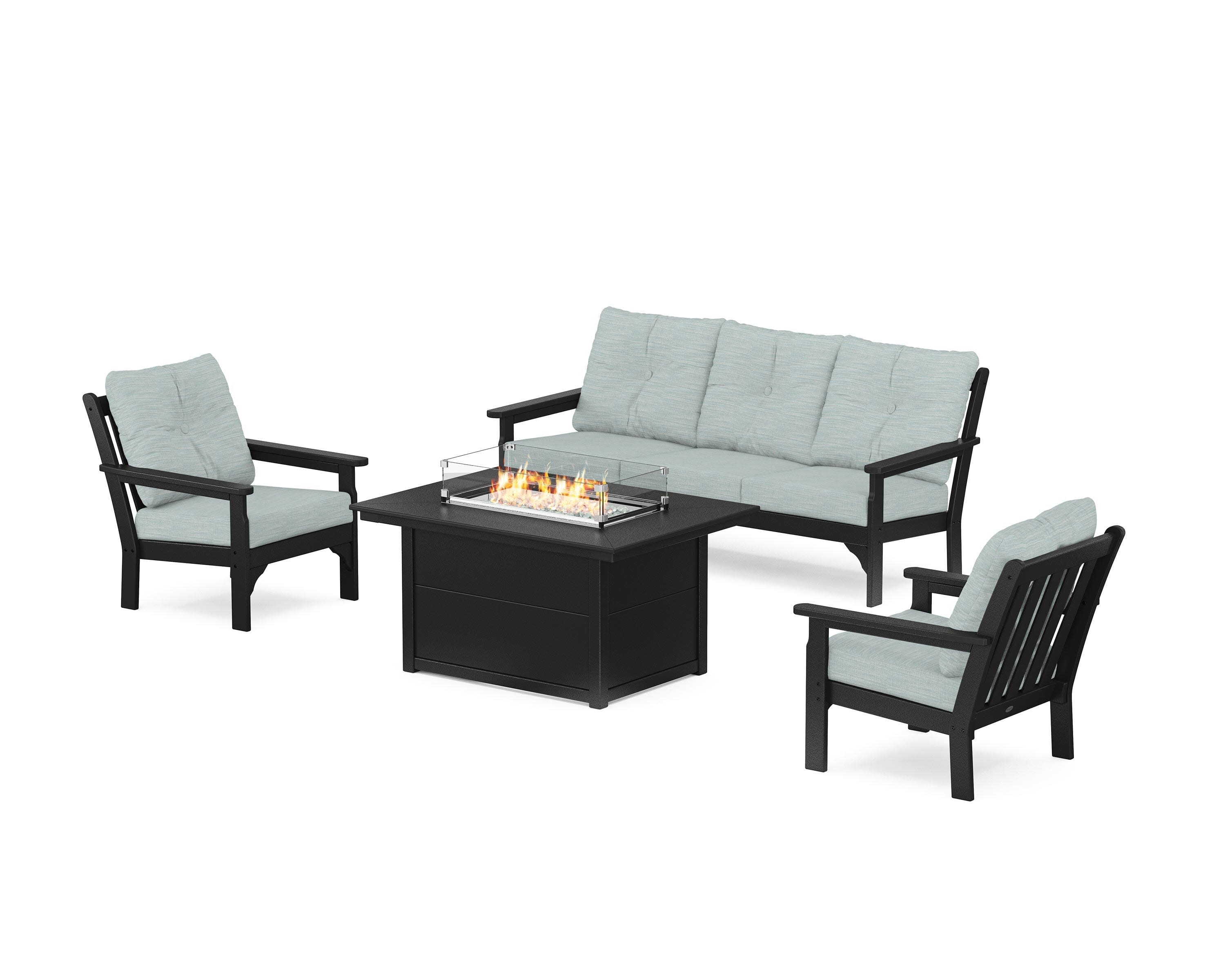 Vineyard Deep Seating Fire Pit Table Set in Black / Soothe Mist