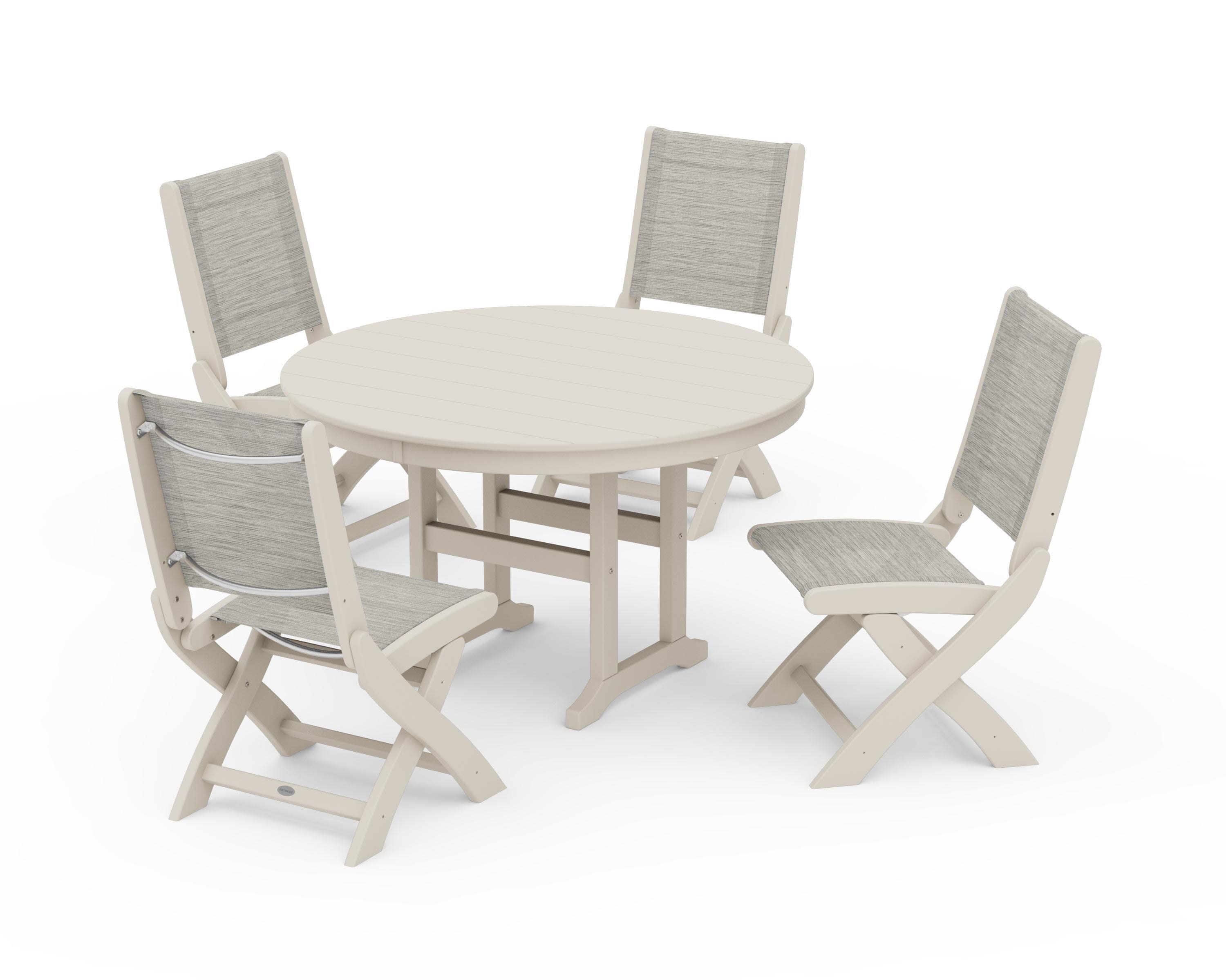 Coastal Folding Side Chair 5-Piece Round Dining Set in Sand / Birch Sling