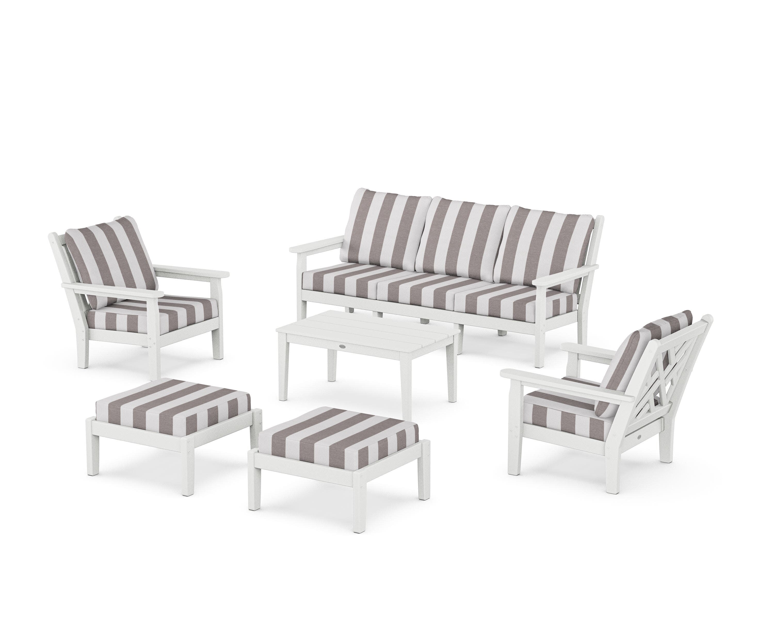 Chippendale 6-Piece Lounge Sofa Set in White / Cabana Stripe Grey Mist