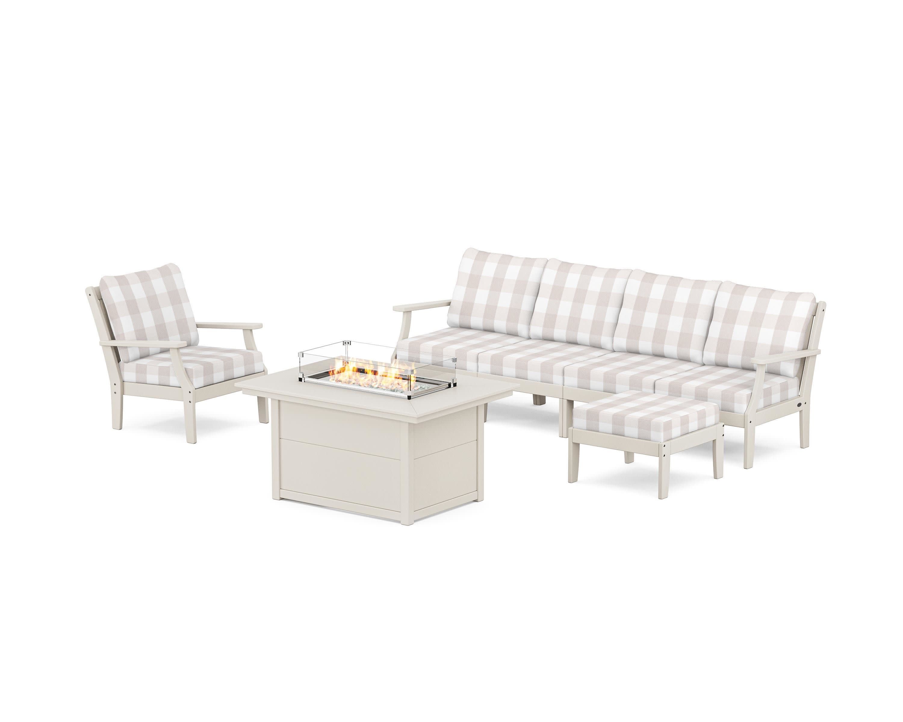 Braxton Sectional Lounge and Fire Pit Set in Sand / Buffalo Plaid Dune Burlap