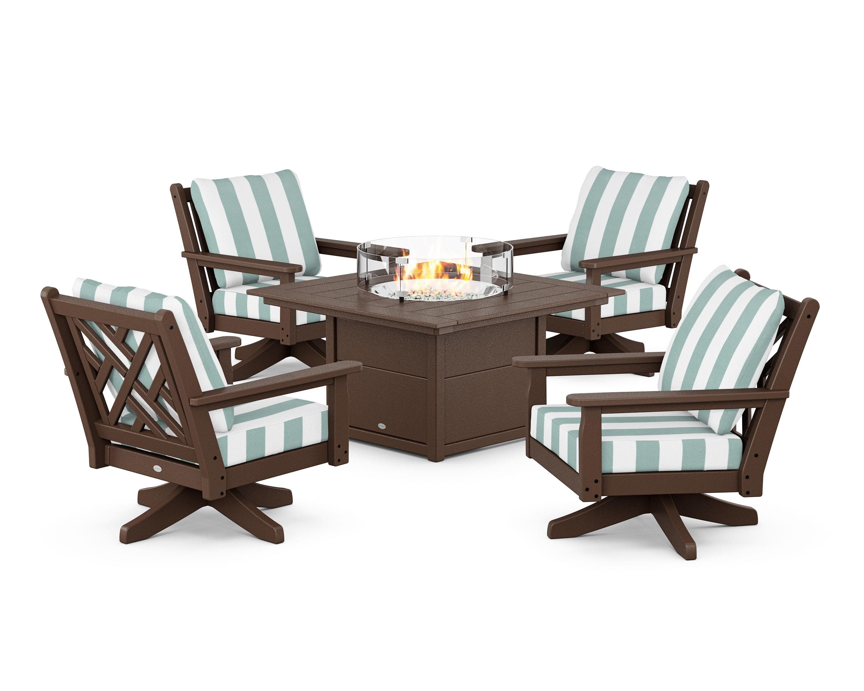 Chippendale 5-Piece Deep Seating Swivel Conversation Set with Fire Pit Table in Mahogany / Cabana Stripe Glacier Spa