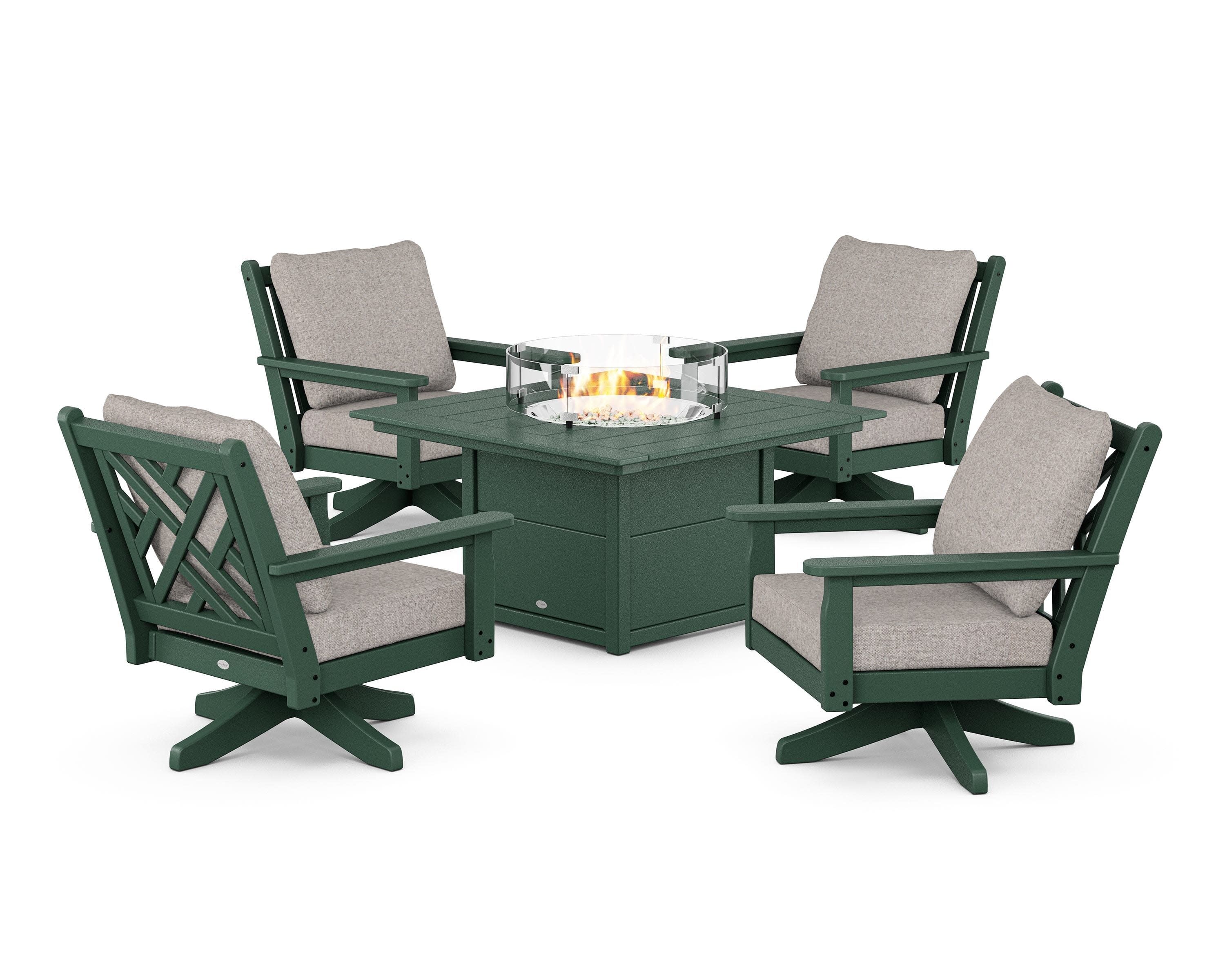 Chippendale 5-Piece Deep Seating Swivel Conversation Set with Fire Pit Table in Green / Weathered Tweed