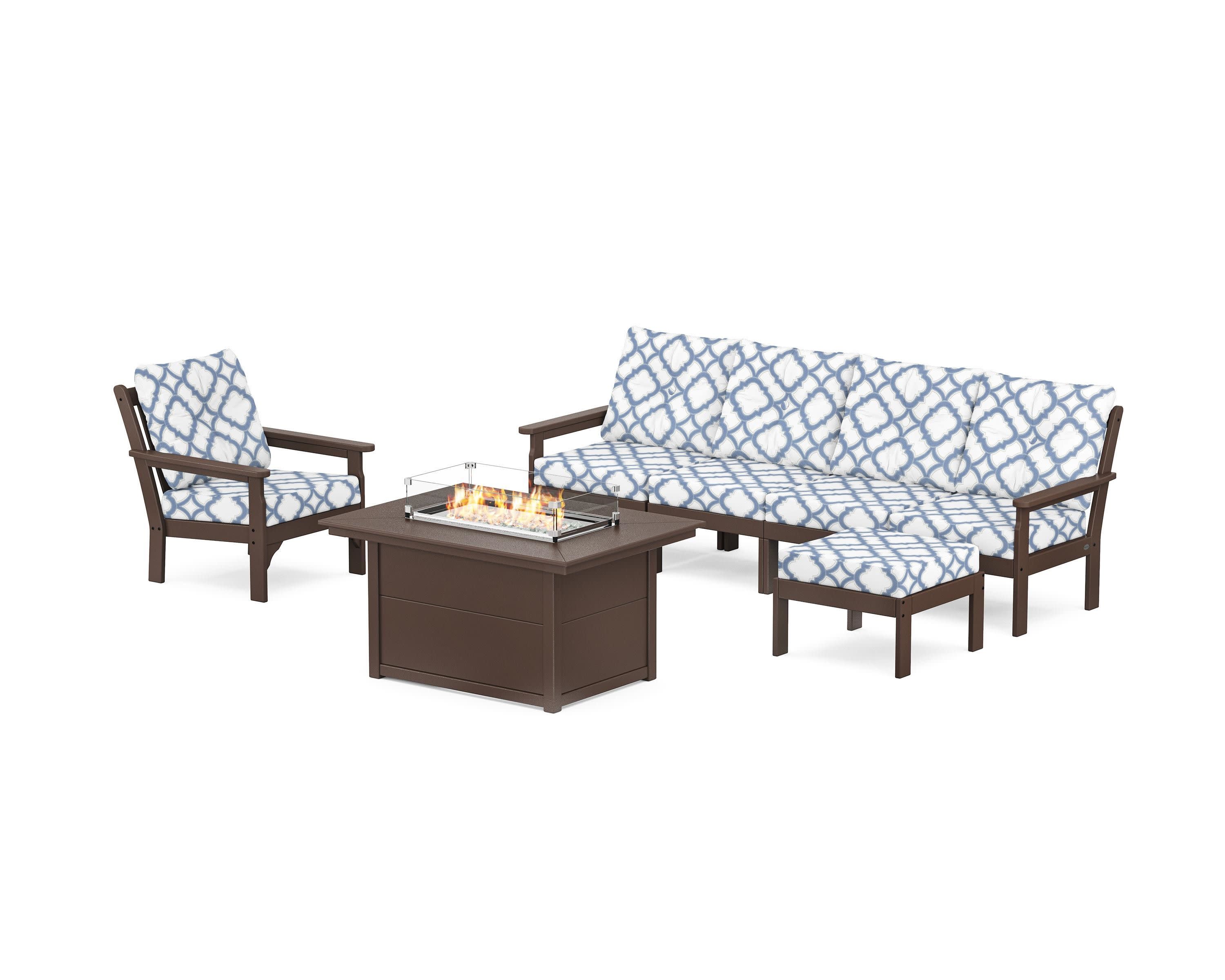Vineyard Sectional Lounge and Fire Pit Set in Mahogany / Trellis Sky Blue