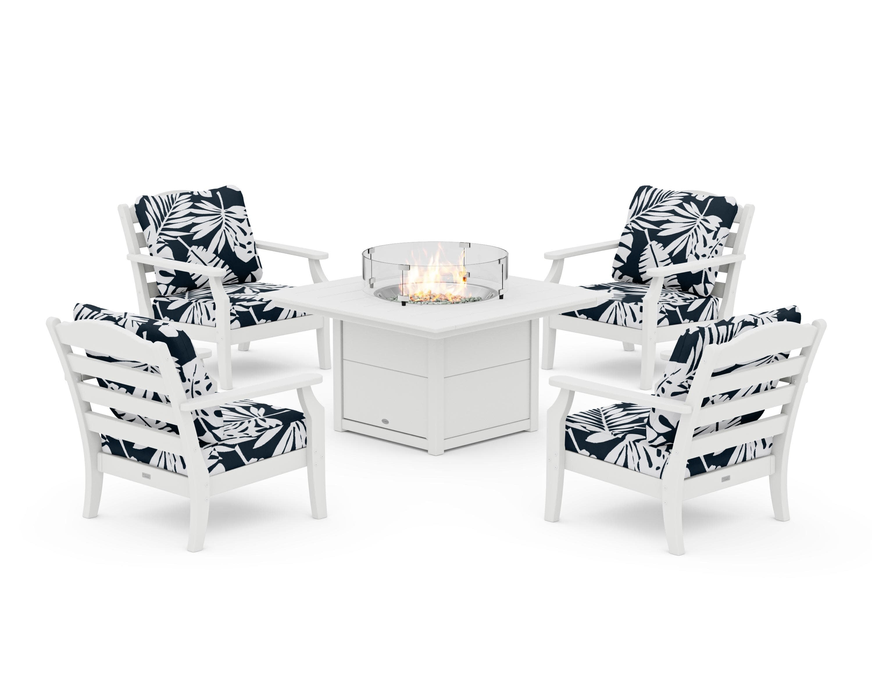 Savannah 5-Piece Deep Seating Set with Fire Pit Table in White / Leaf Marine Indigo