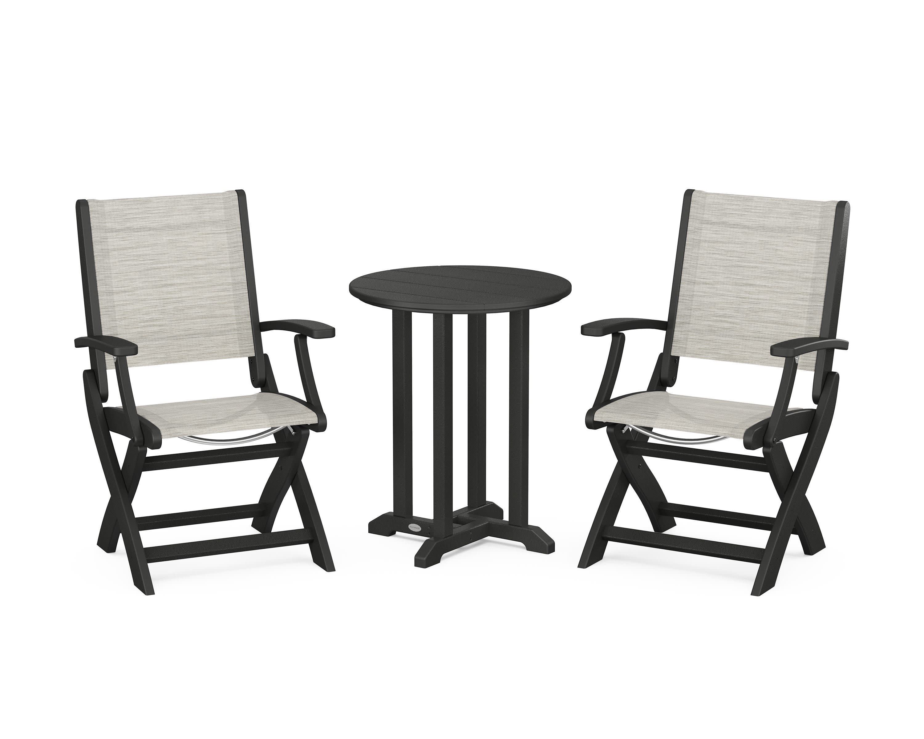 Coastal Folding 3-Piece Round Bistro Dining Set in Black / Birch Sling