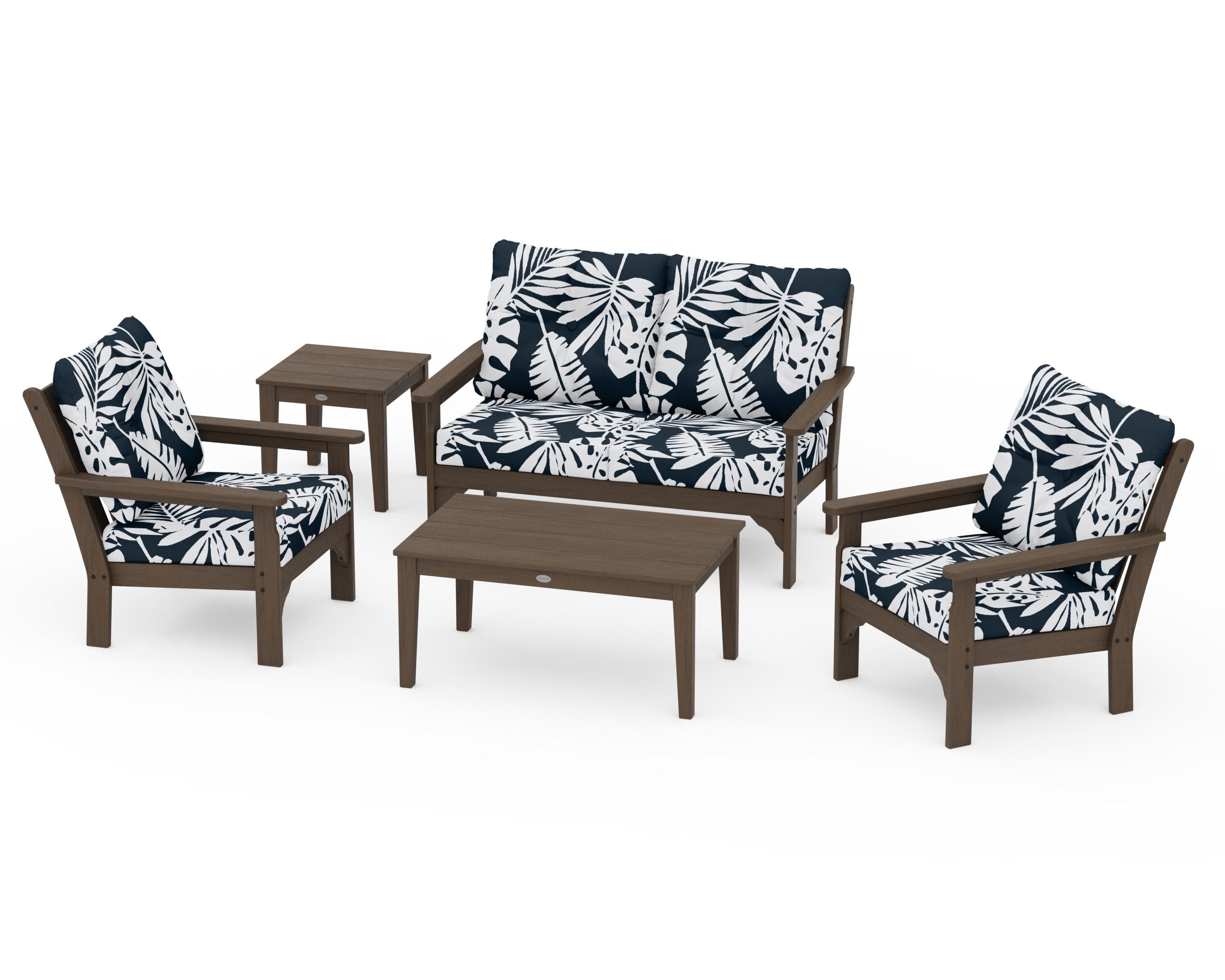 Vineyard 5-Piece Deep Seating Set in Kona / Leaf Marine Indigo