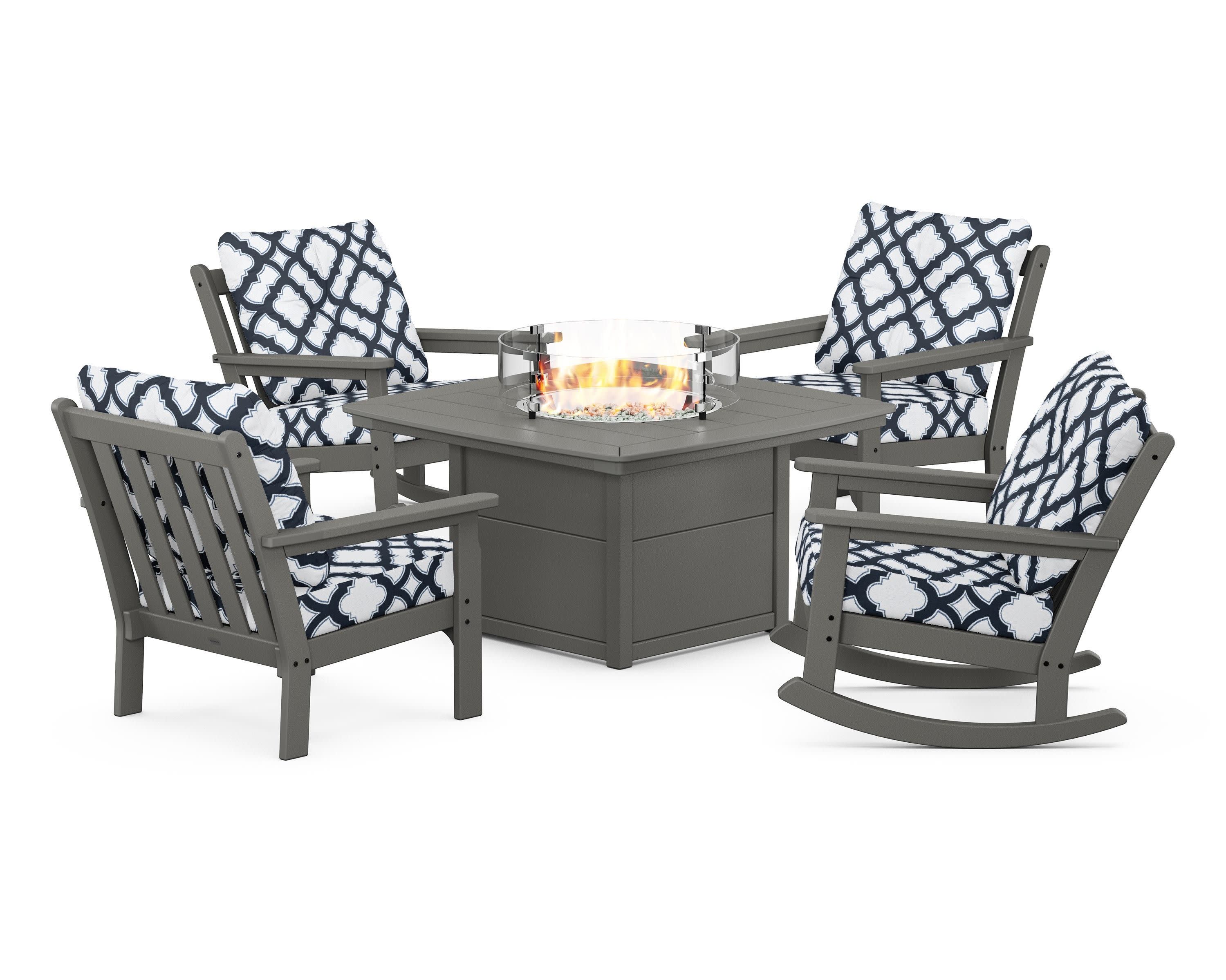 Vineyard 5-Piece Deep Seating Rocking Chair Conversation Set with Fire Pit Table in Slate Grey / Trellis Marine Indigo