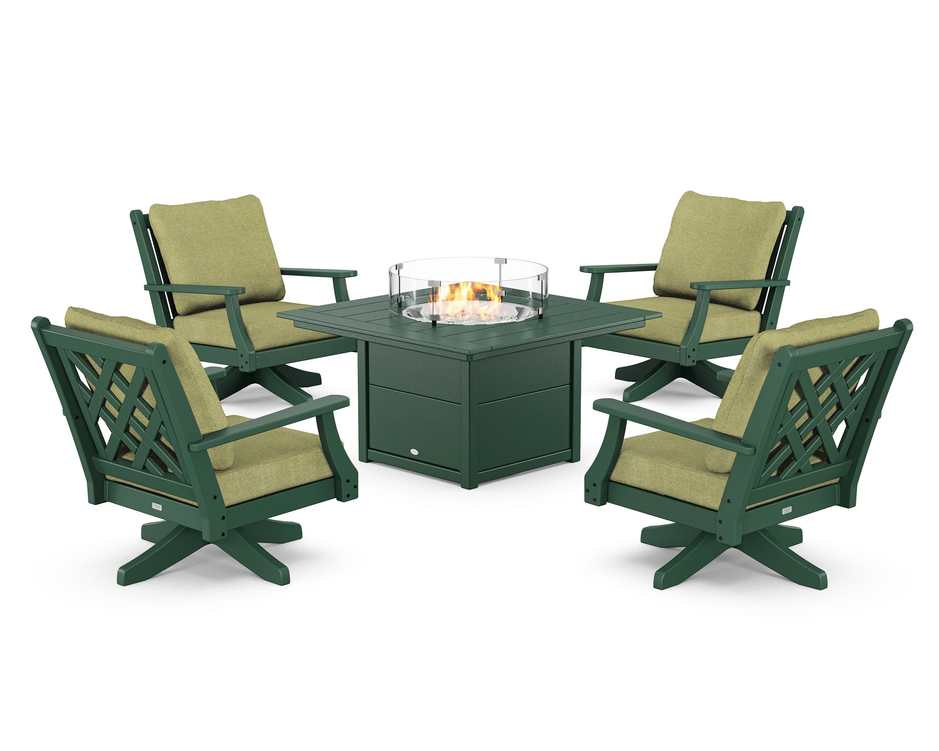 Wovendale 5-Piece Deep Seating Swivel Conversation Set with Fire Pit Table in Green / Chartreuse Boucle