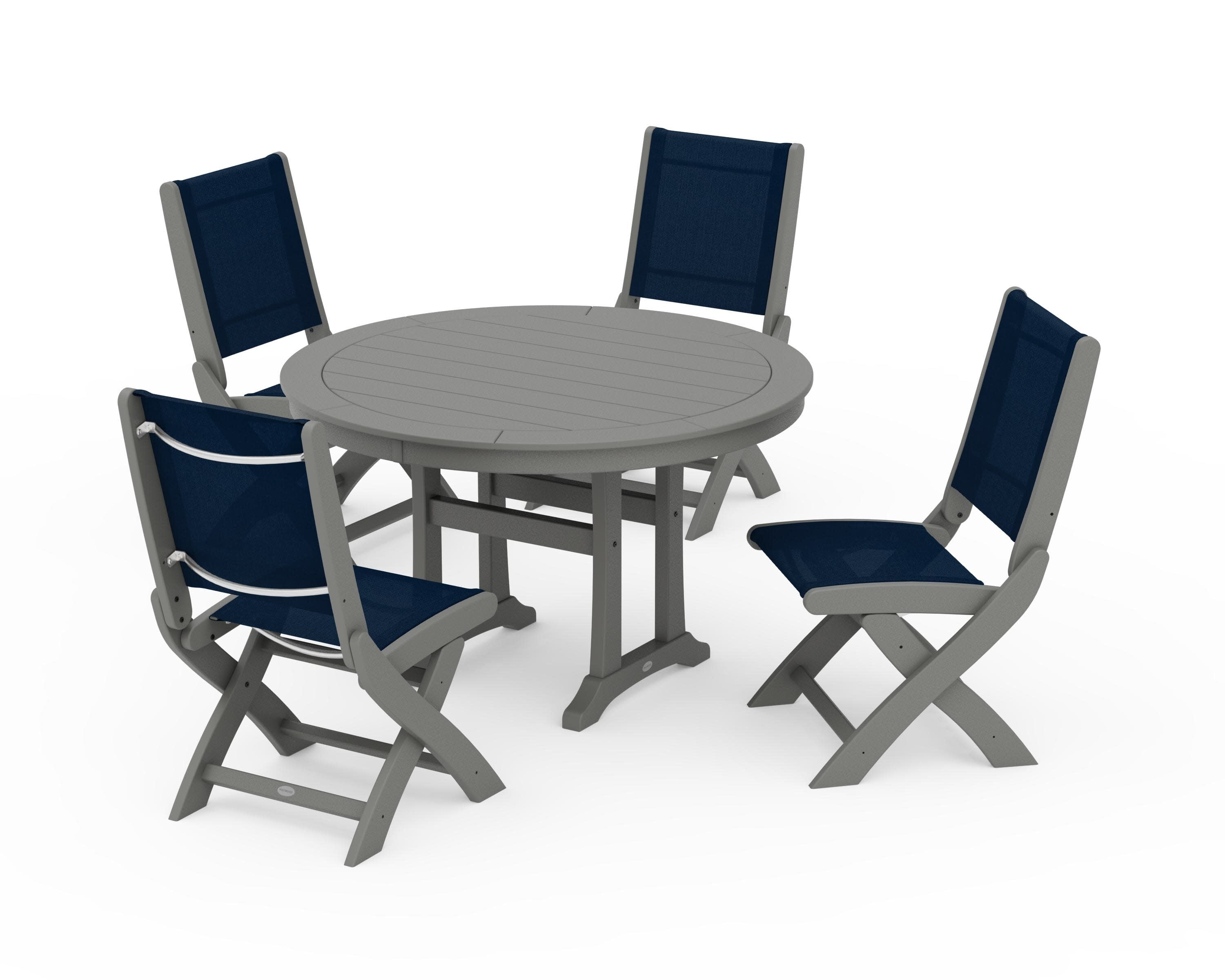 Coastal Folding Side Chair 5-Piece Round Dining Set With Trestle Legs in Slate Grey / Navy Blue Sling