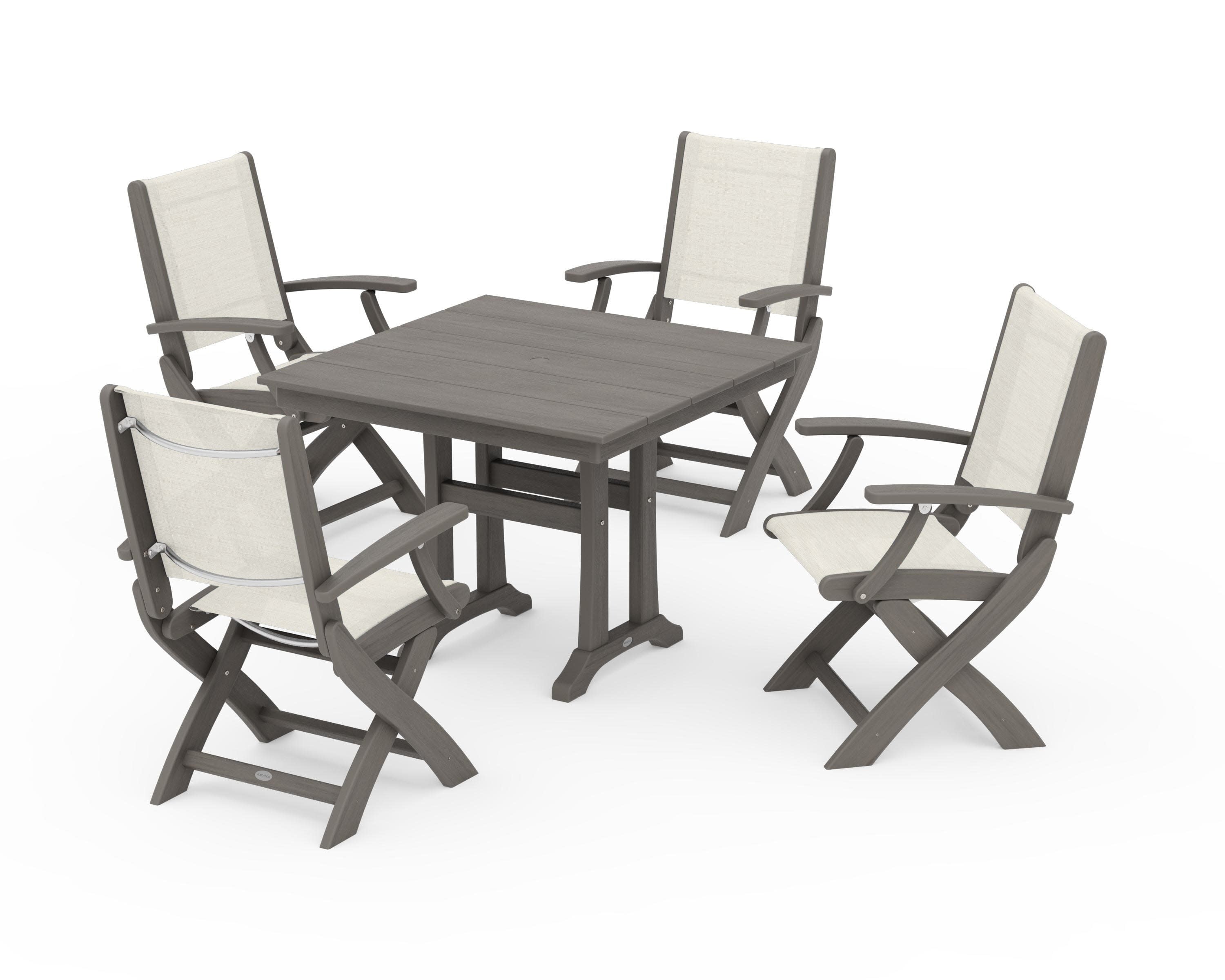 Coastal Folding Chair 5-Piece Farmhouse Dining Set With Trestle Legs in Driftwood / Parchment Sling