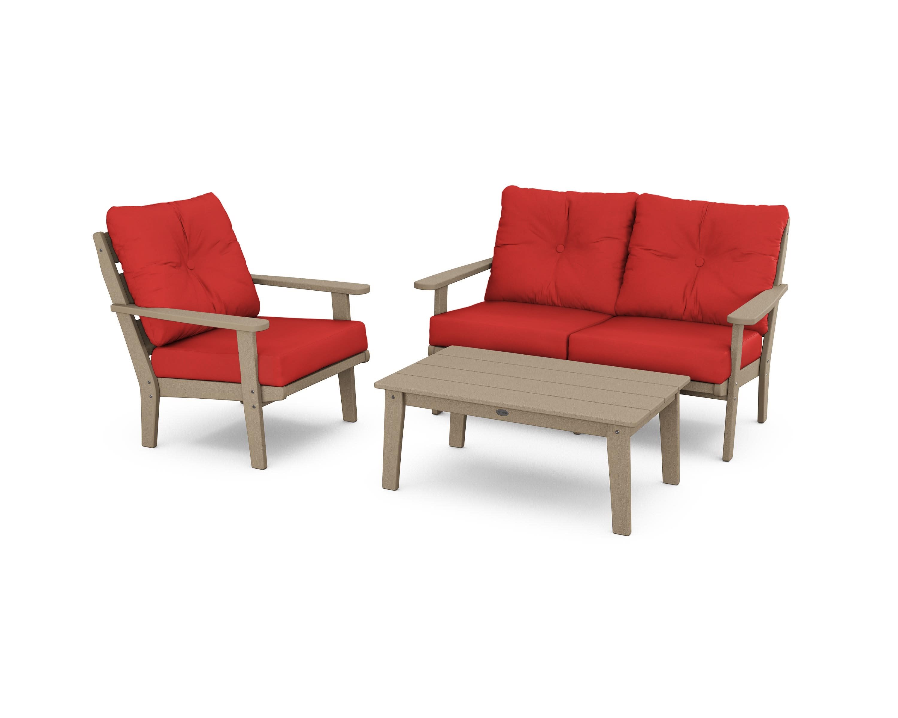 Lakeside 3-Piece Deep Seating Set in Vintage Sahara / Crimson Linen