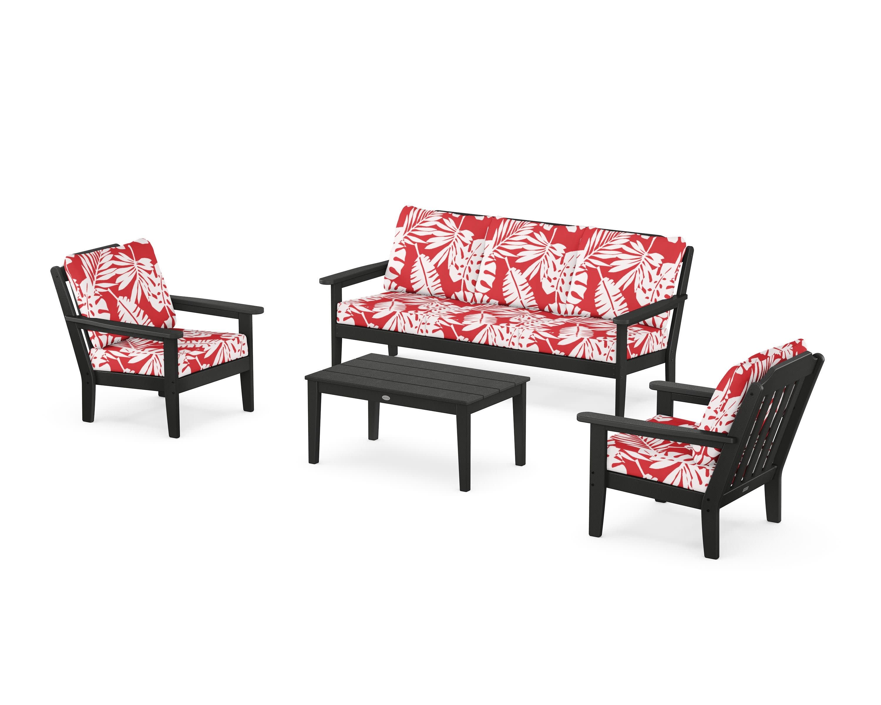 Cottage 4-Piece Deep Seating Set with Sofa in Black / Leaf Crimson