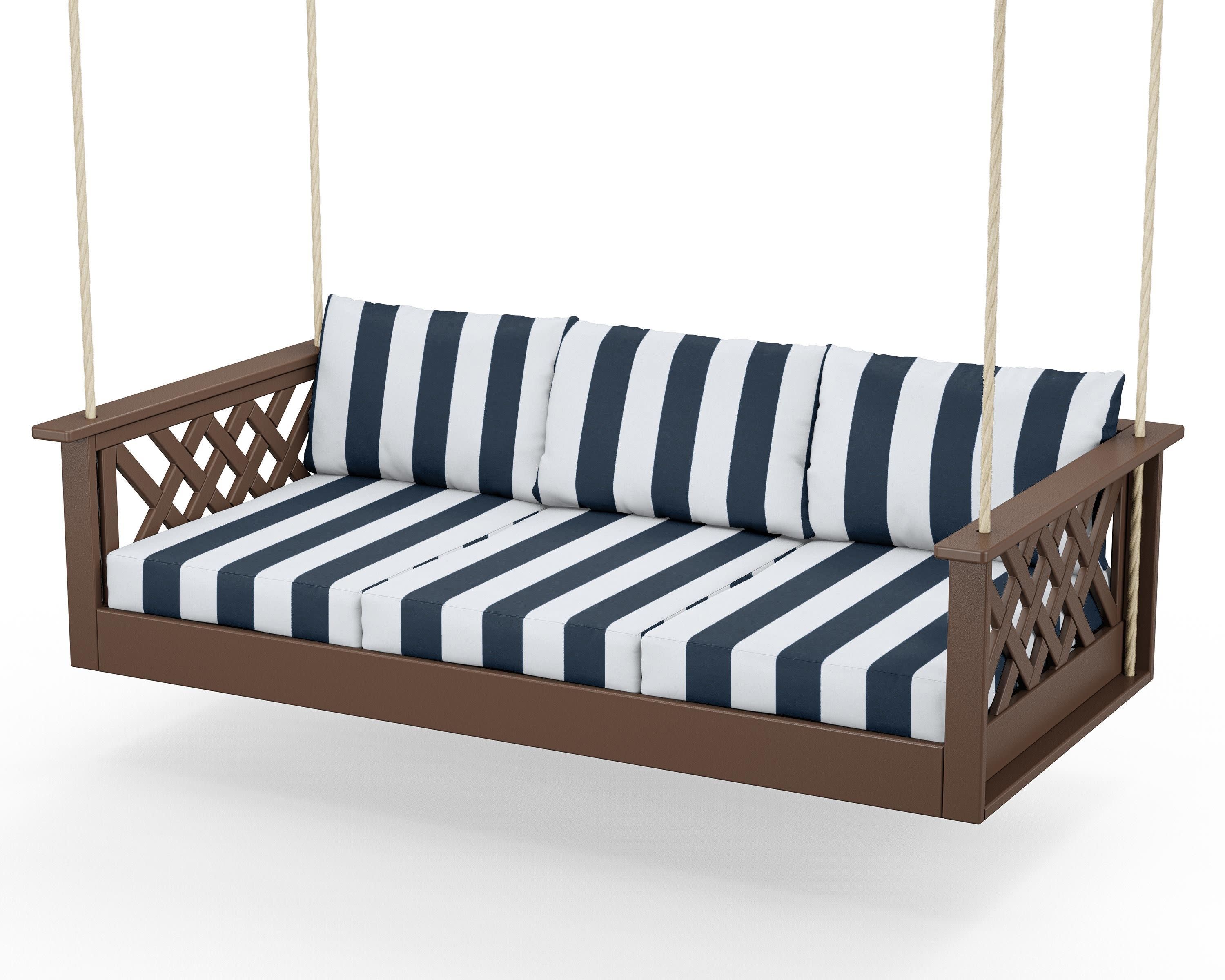Wovendale Daybed Swing in Mahogany / Cabana Stripe Marine Indigo