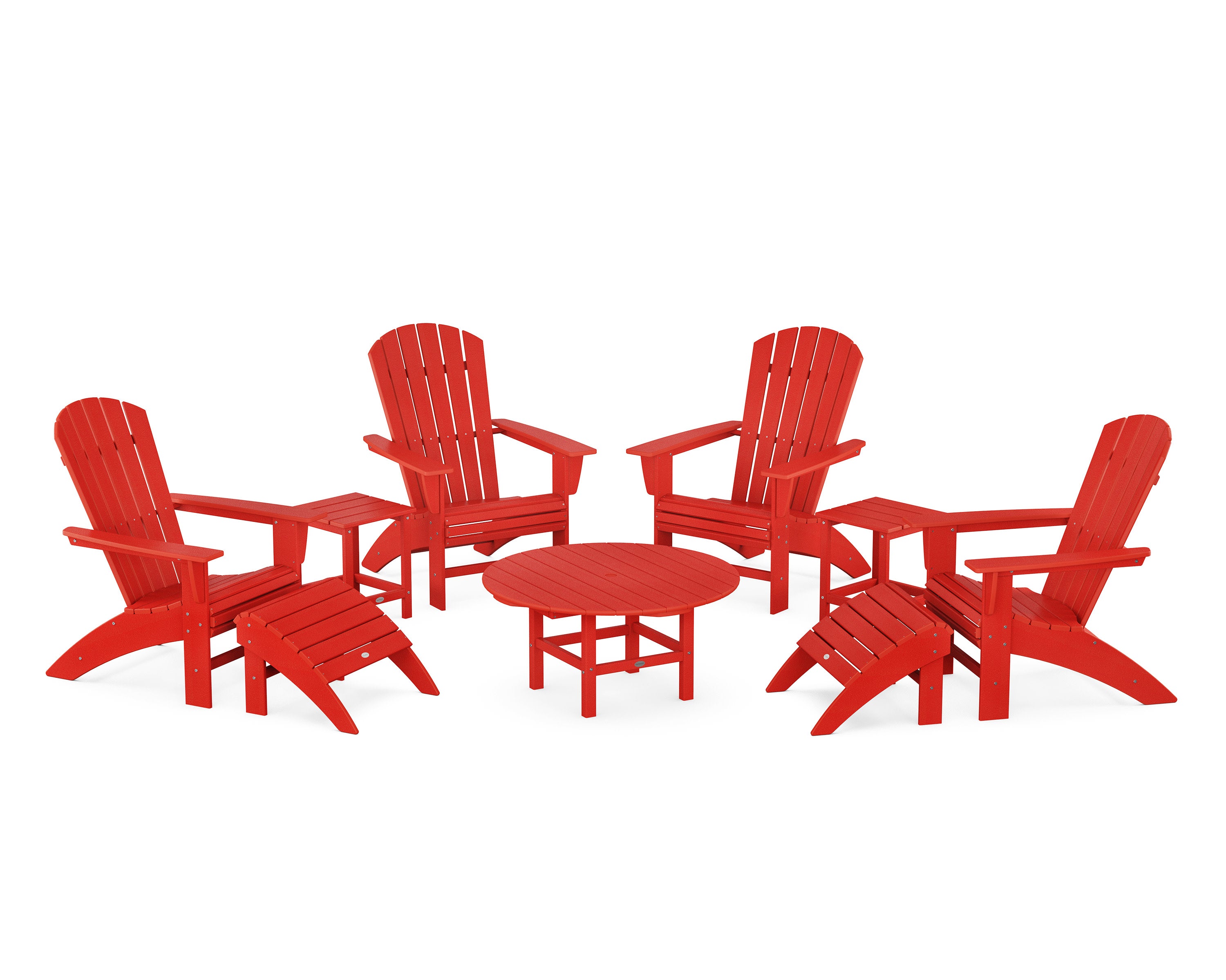 Nautical Curveback Adirondack Chair 9-Piece Conversation Set in Sunset Red
