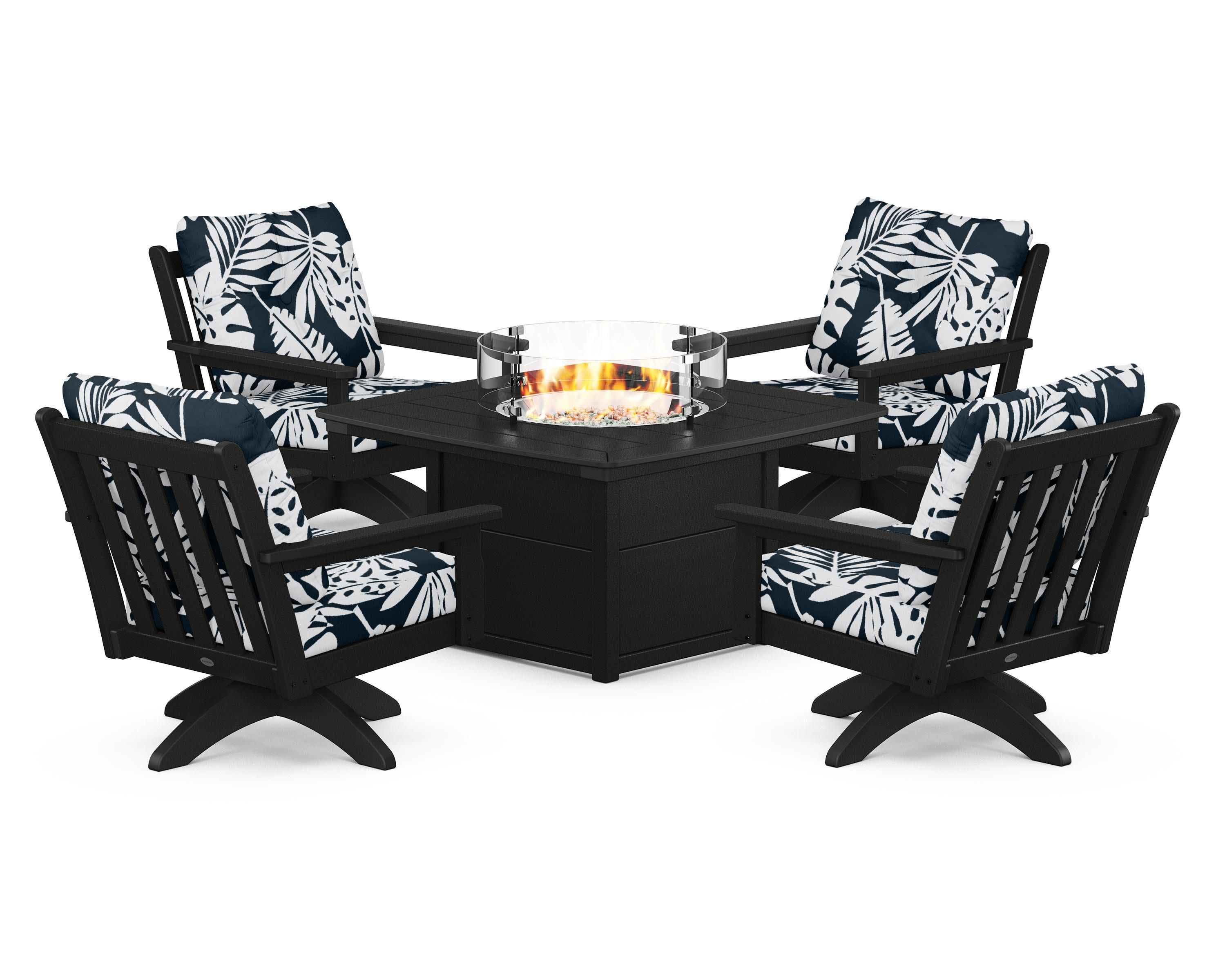 Vineyard 5-Piece Deep Seating Swivel Conversation Set with Fire Pit Table in Black / Leaf Marine Indigo