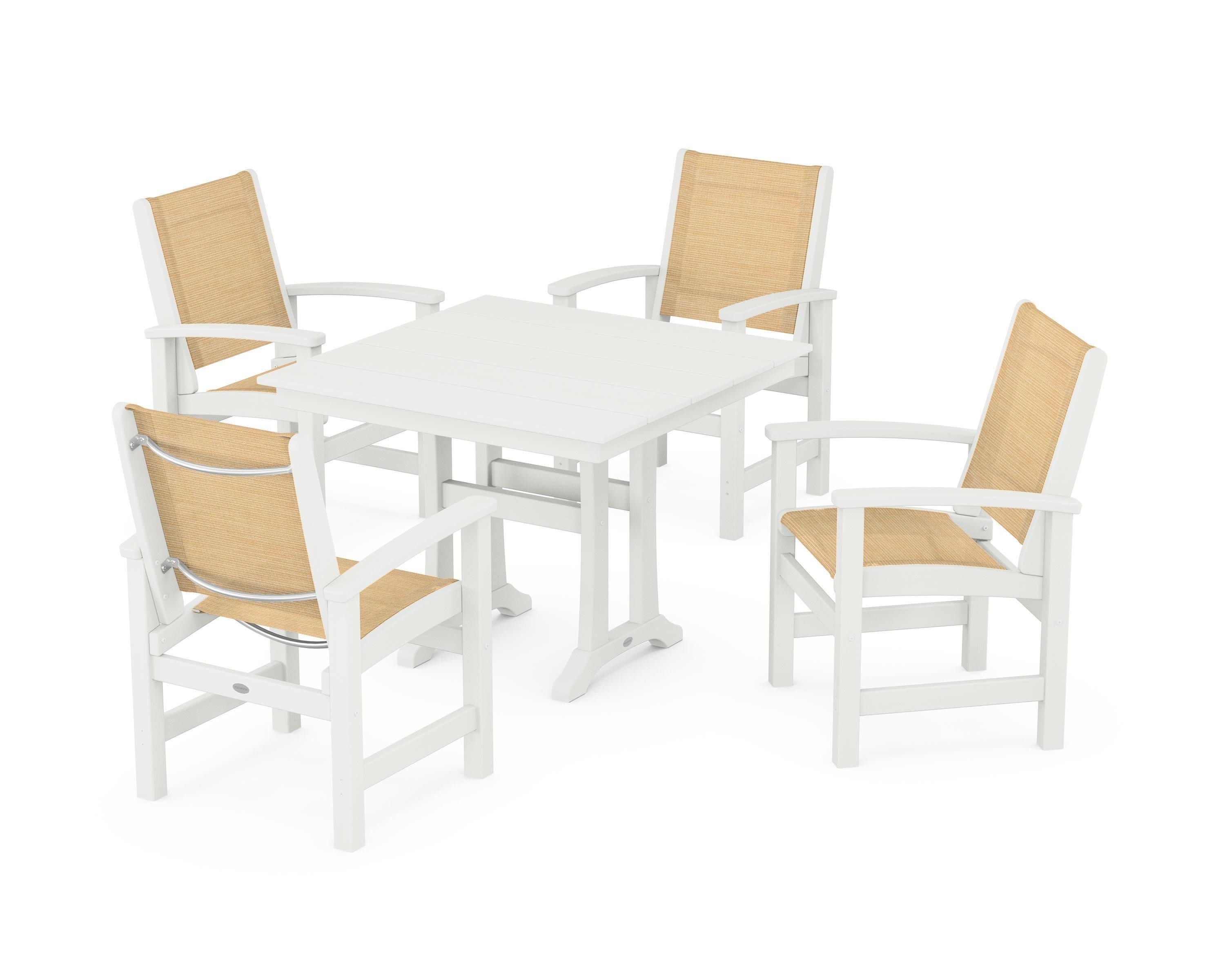Coastal 5-Piece Farmhouse Dining Set With Trestle Legs in Vintage White / Dupioni Apricot Sling