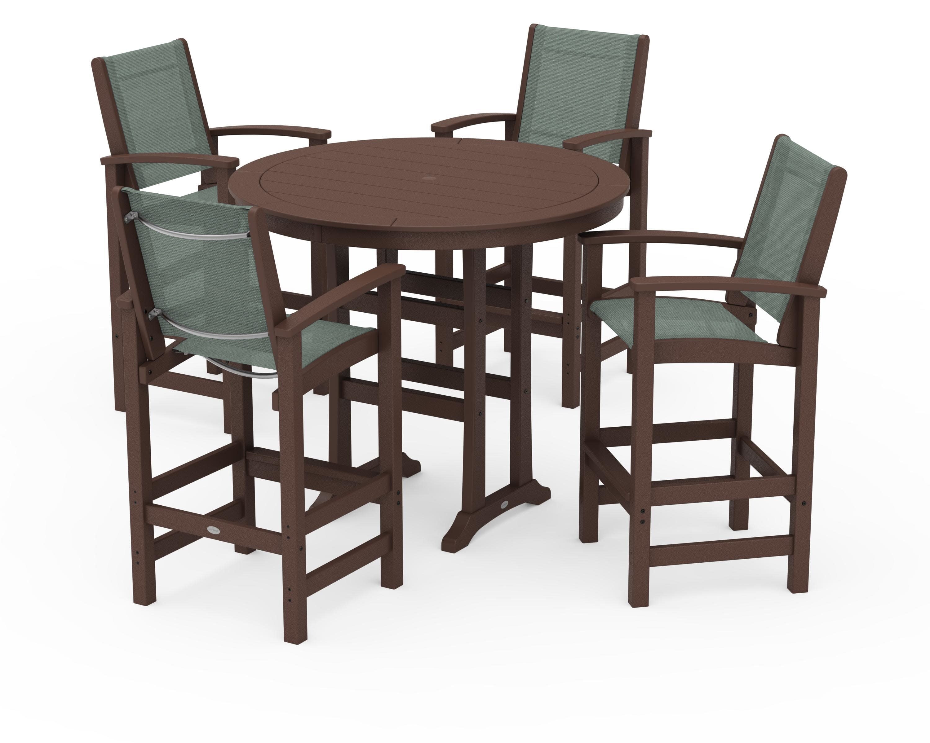 Coastal 5-Piece Nautical Trestle Bar Set in Mahogany / Dupioni Sea Mist Sling