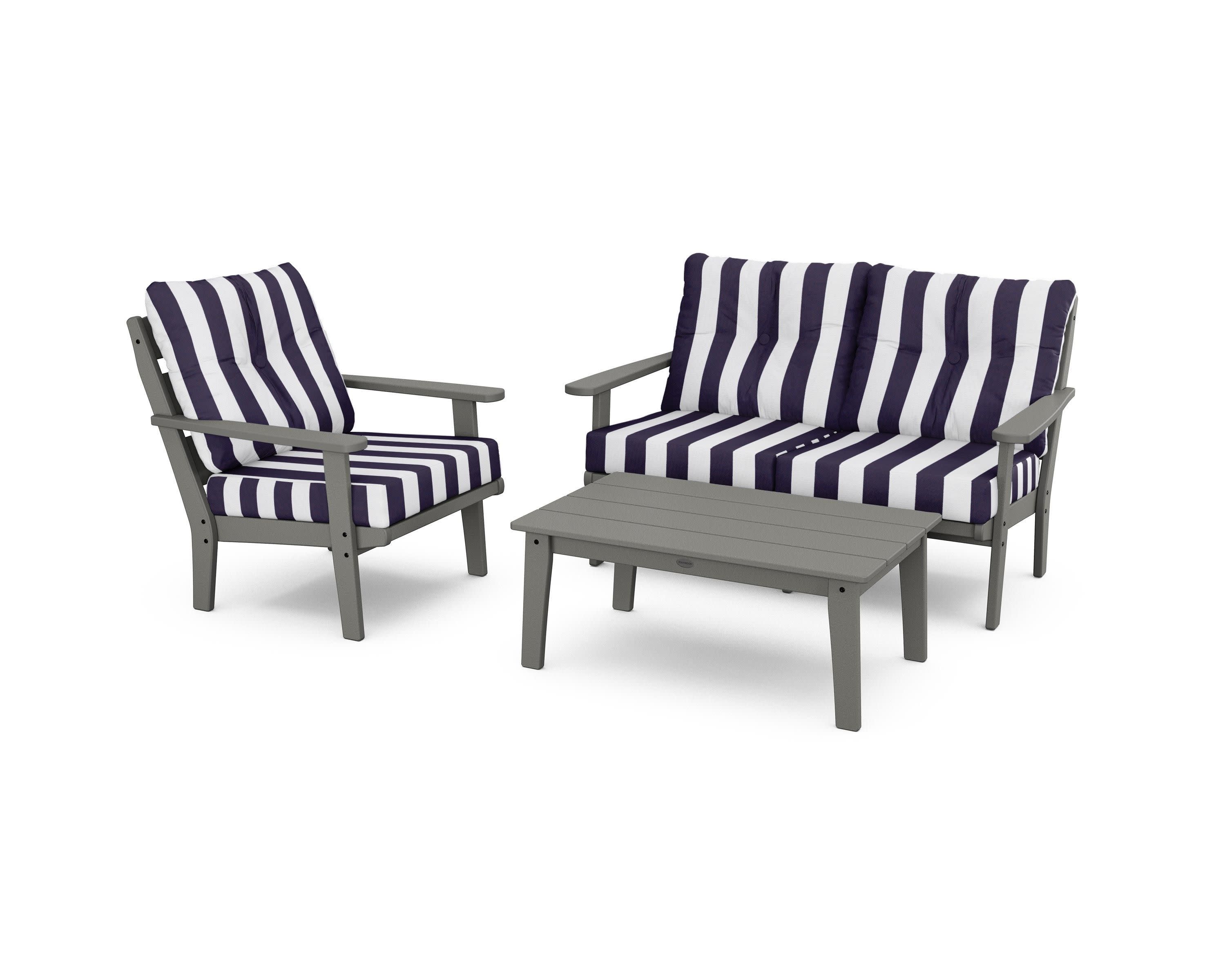 Lakeside 3-Piece Deep Seating Set in Slate Grey / Cabana Stripe Navy