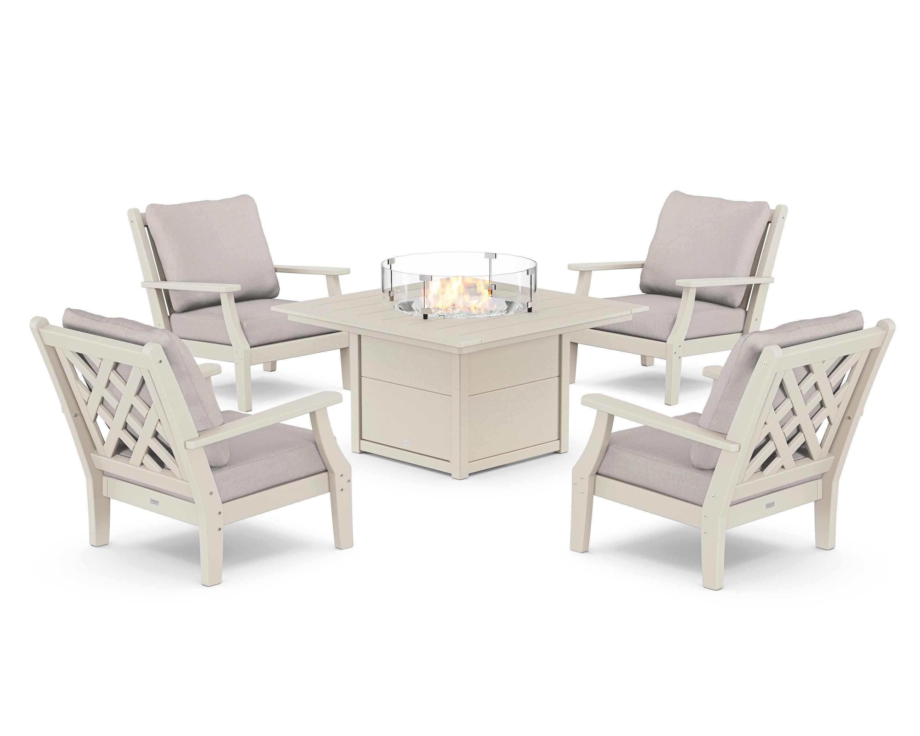 Wovendale 5-Piece Deep Seating Set with Fire Pit Table in Sand / Dune Burlap