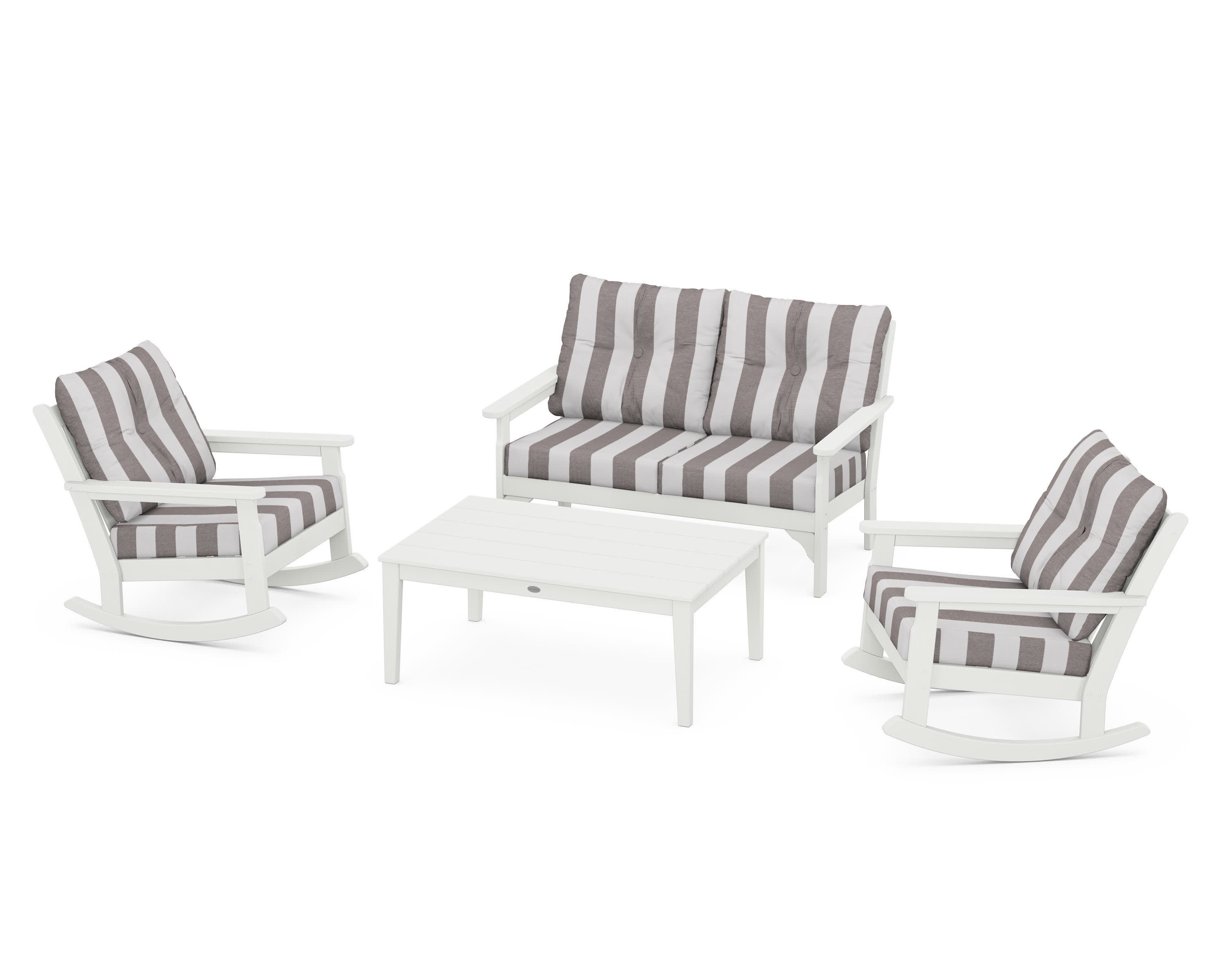 Vineyard 4-Piece Deep Seating Rocking Chair Set in Vintage White / Cabana Stripe Grey Mist