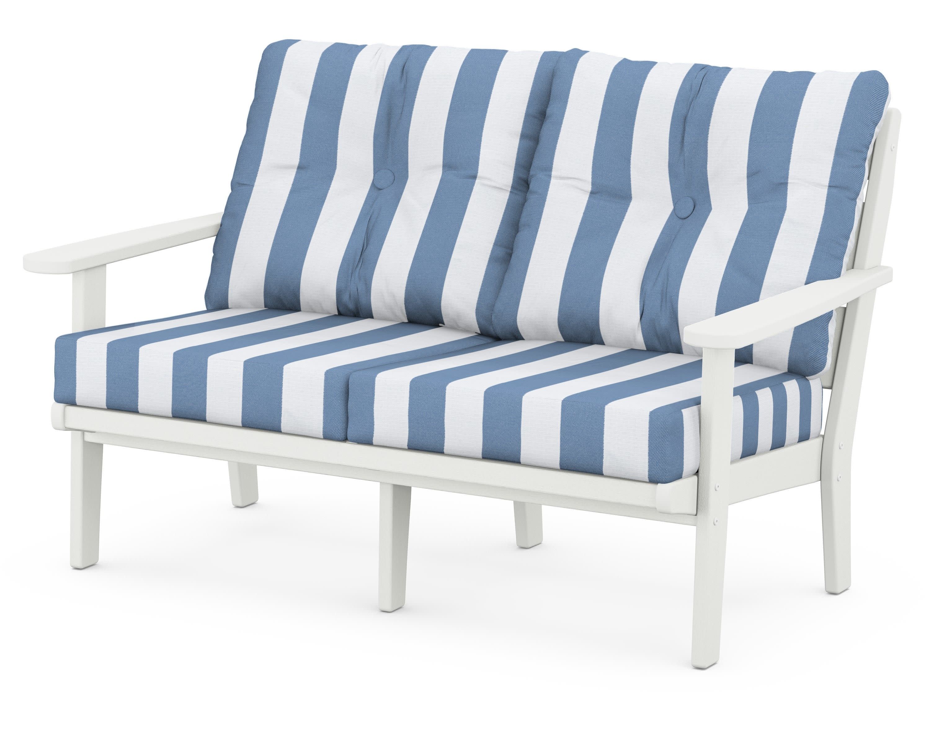 Lakeside Deep Seating Loveseat in Vintage White / Cabana Stripe Sky Blue