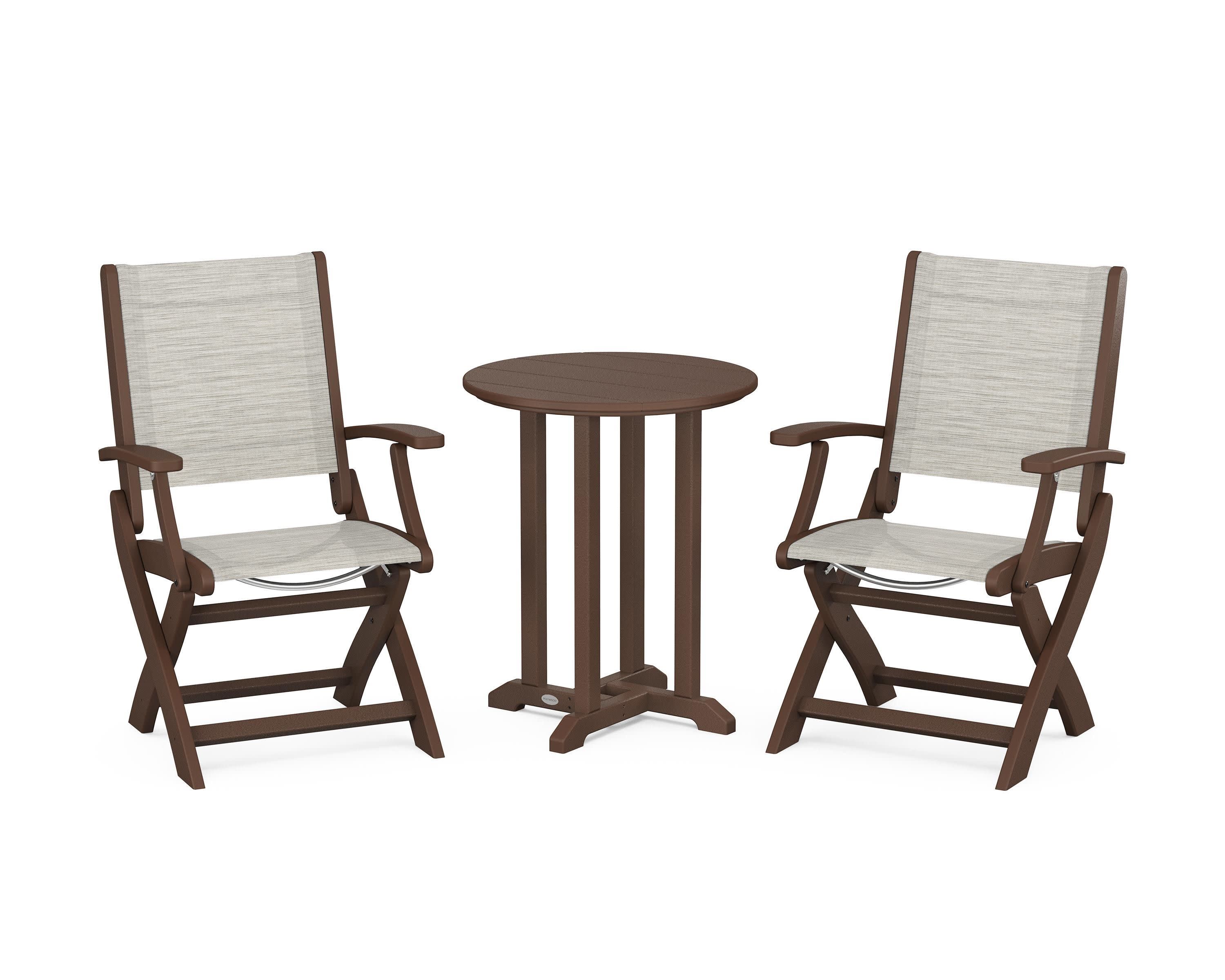 Coastal Folding 3-Piece Round Bistro Dining Set in Mahogany / Birch Sling