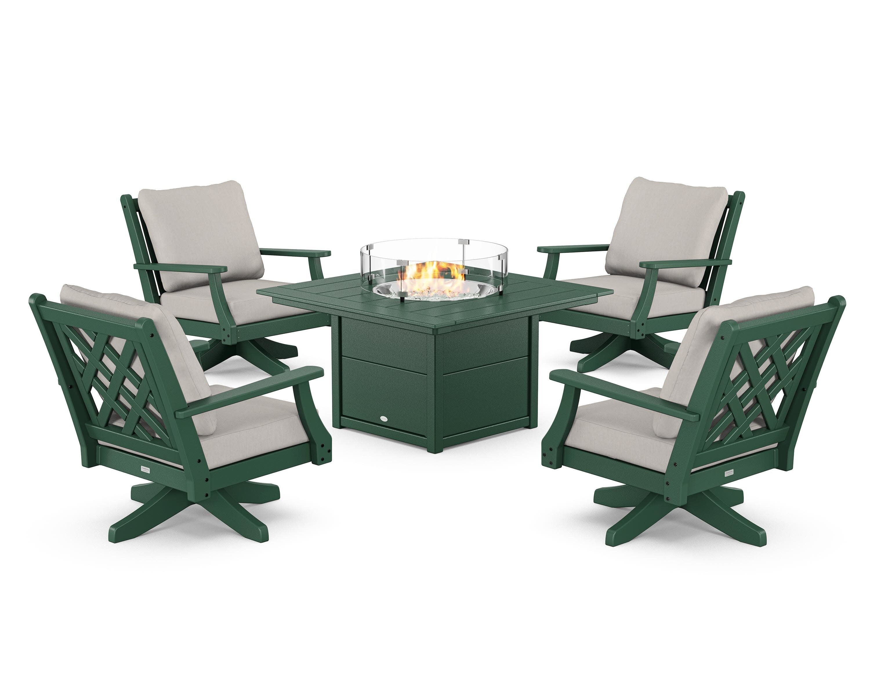 Wovendale 5-Piece Deep Seating Swivel Conversation Set with Fire Pit Table in Green / Cast Ash