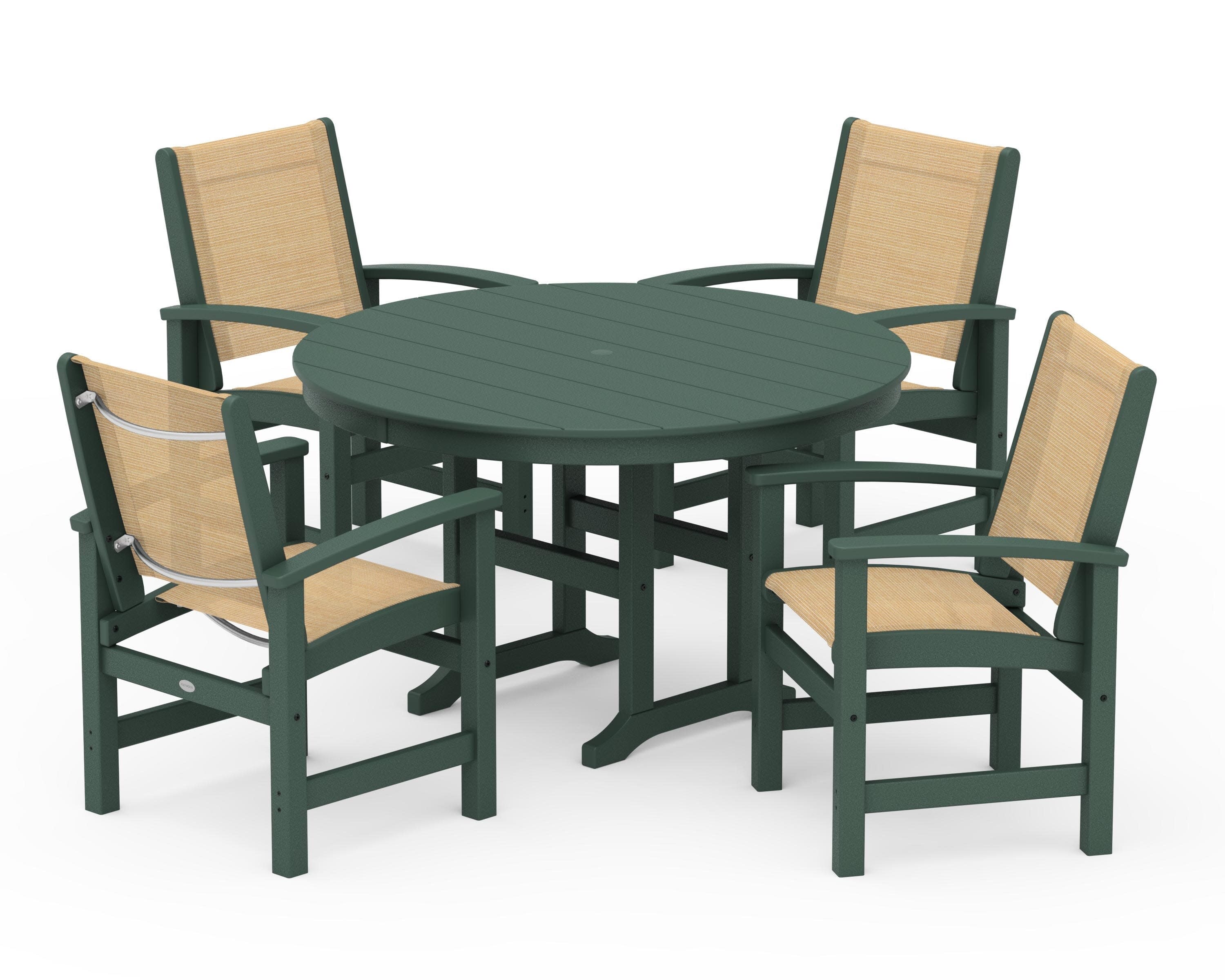 Coastal 5-Piece Round Farmhouse Dining Set in Green / Dupioni Apricot Sling